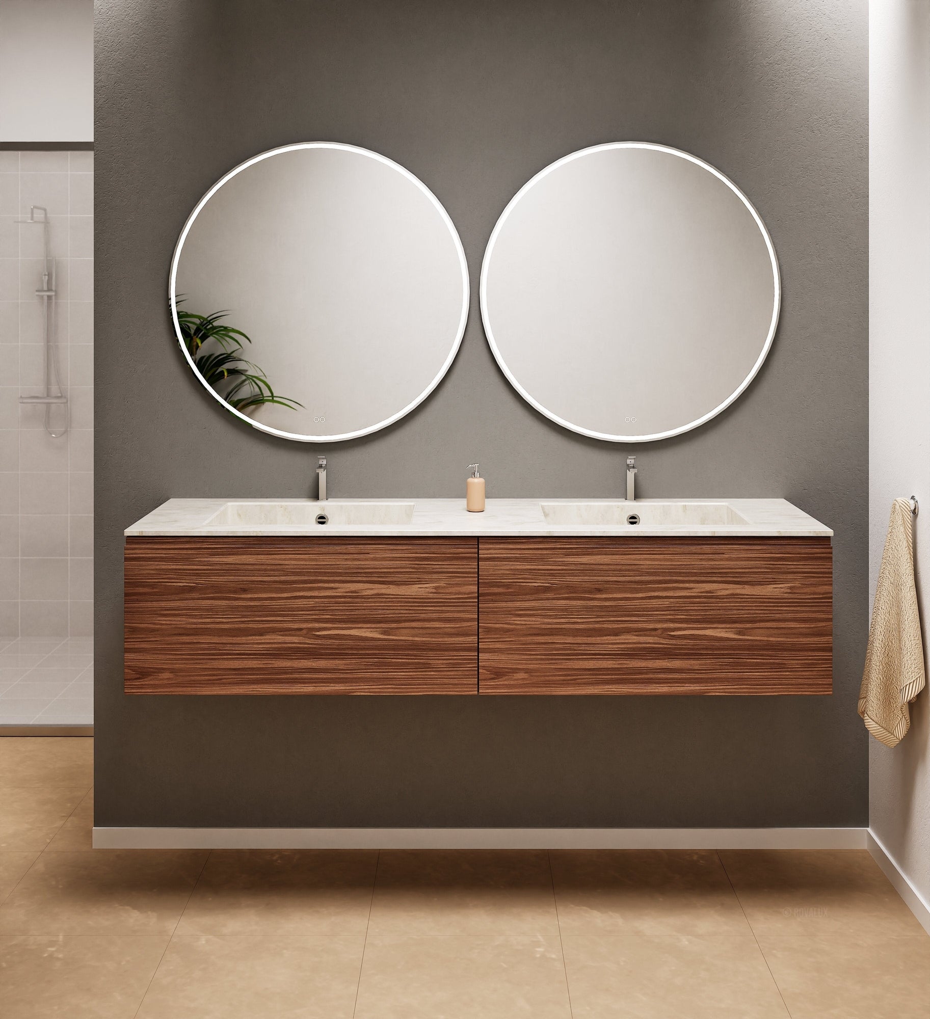 Aurora Double Set – Corian double Sinks & Countertop with 2 Drawers Vanity - ROVALUX