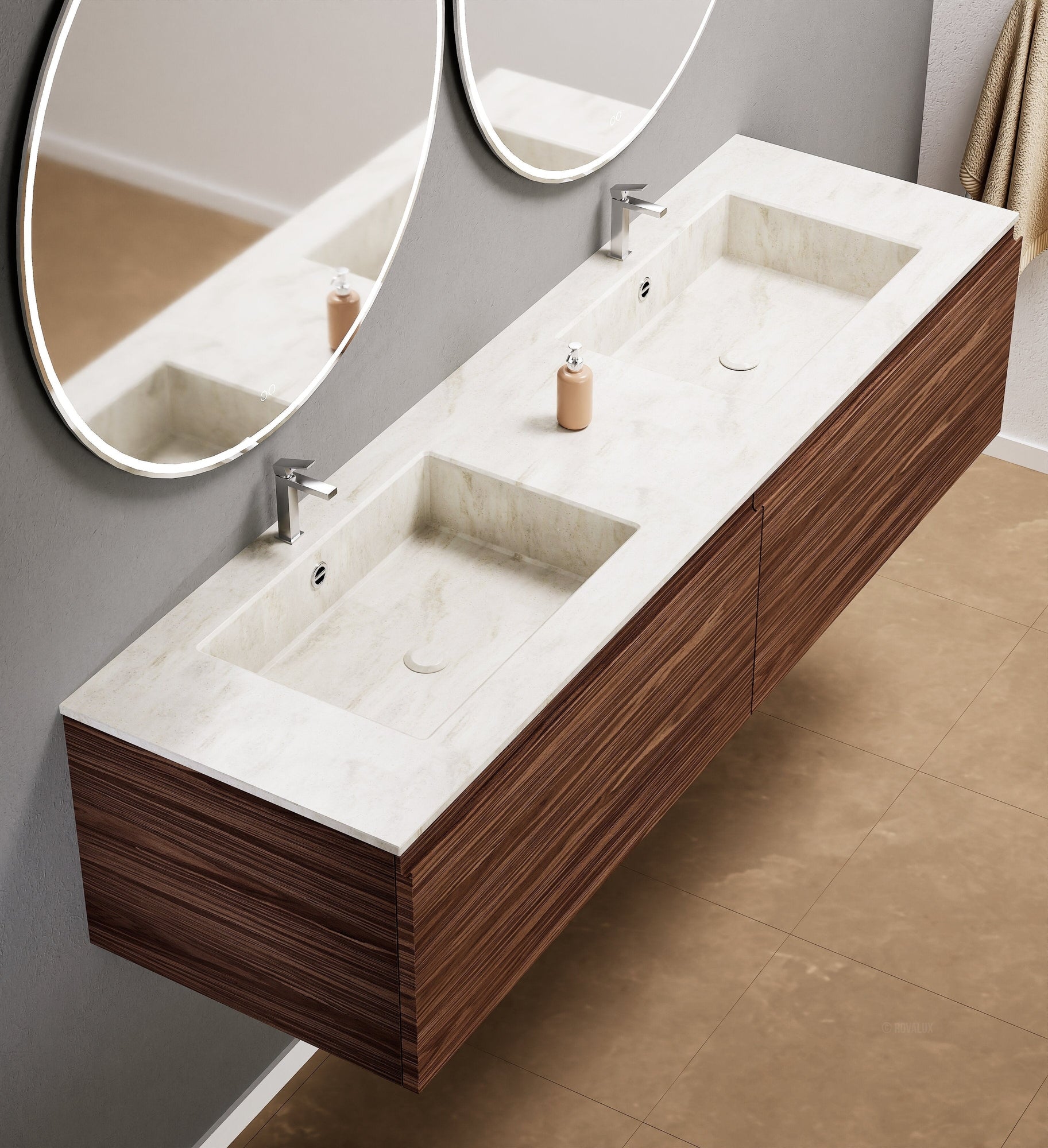 Aurora Double Set – Corian double Sinks & Countertop with 2 Drawers Vanity - ROVALUX