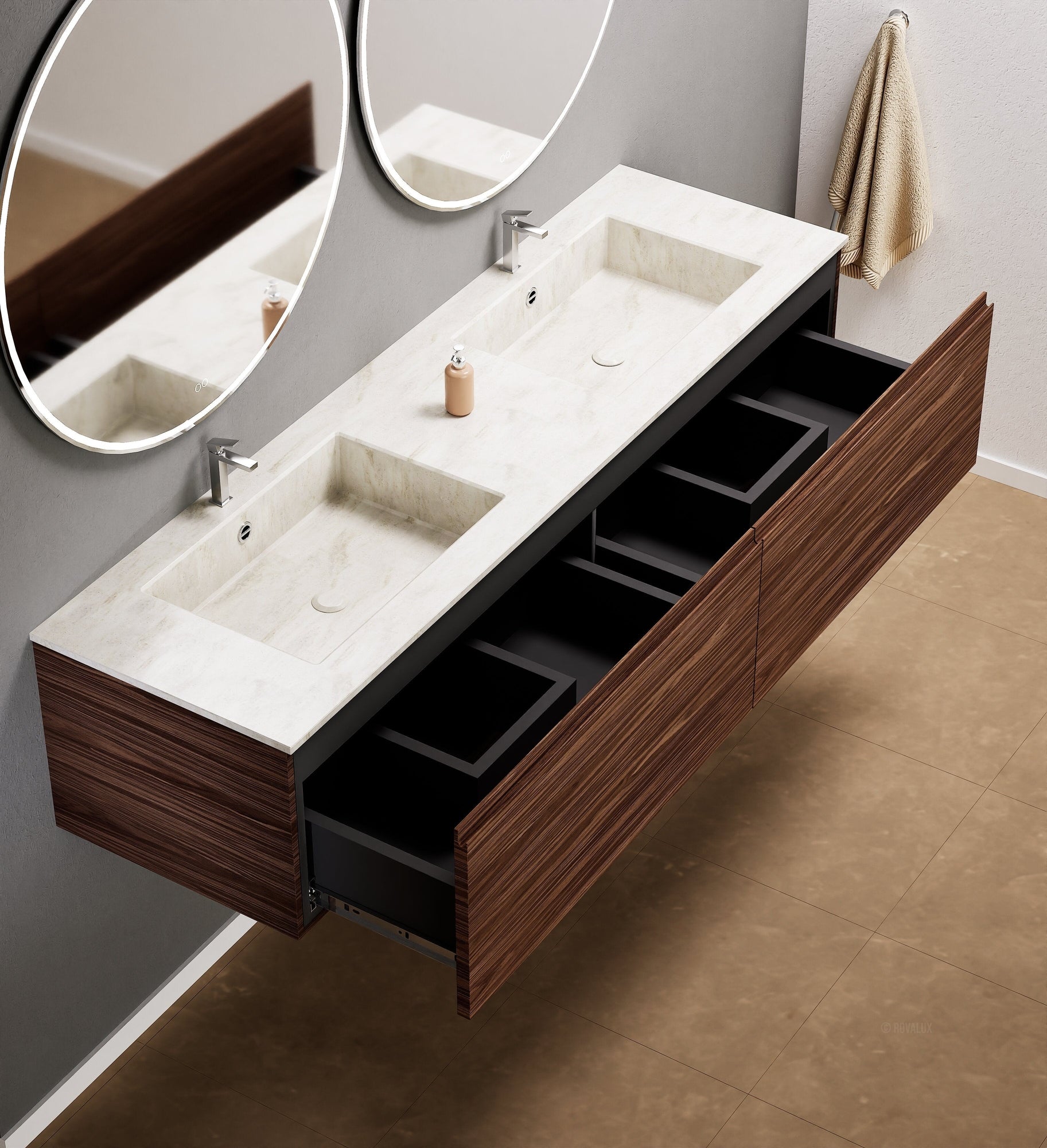 Aurora Double Set – Corian double Sinks & Countertop with 2 Drawers Vanity - ROVALUX
