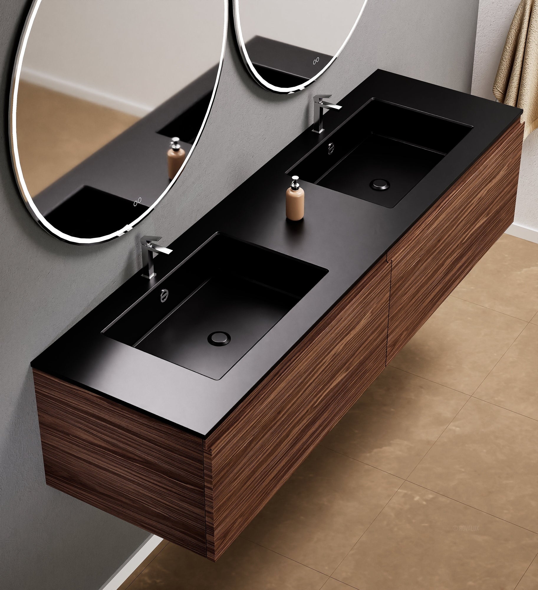 Aurora Double Set – Corian double Sinks & Countertop with 2 Drawers Vanity - ROVALUX