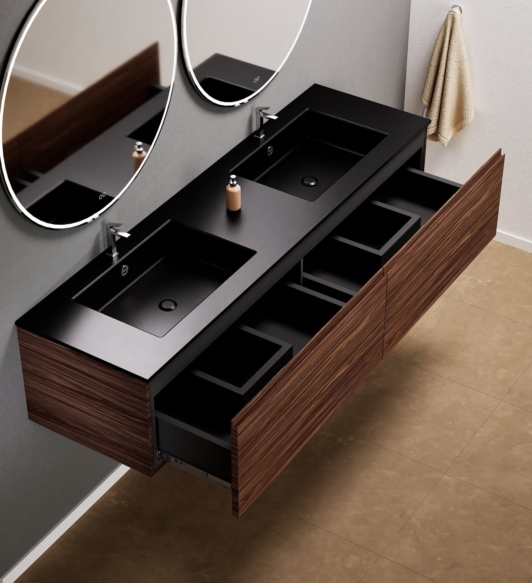 Aurora Double Set – Corian double Sinks & Countertop with 2 Drawers Vanity - ROVALUX