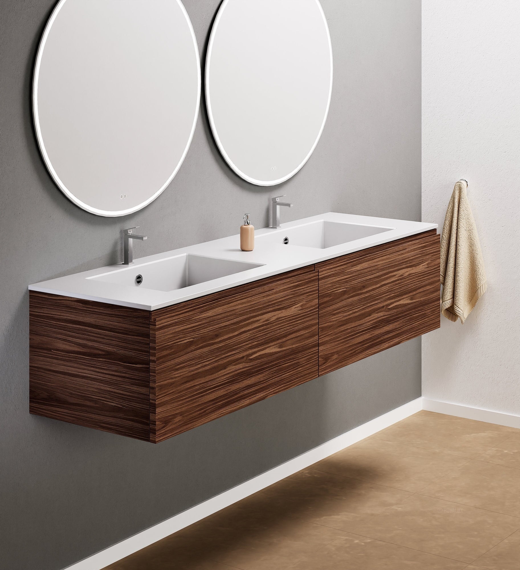 Aurora Double Set – Corian double Sinks & Countertop with 2 Drawers Vanity - ROVALUX
