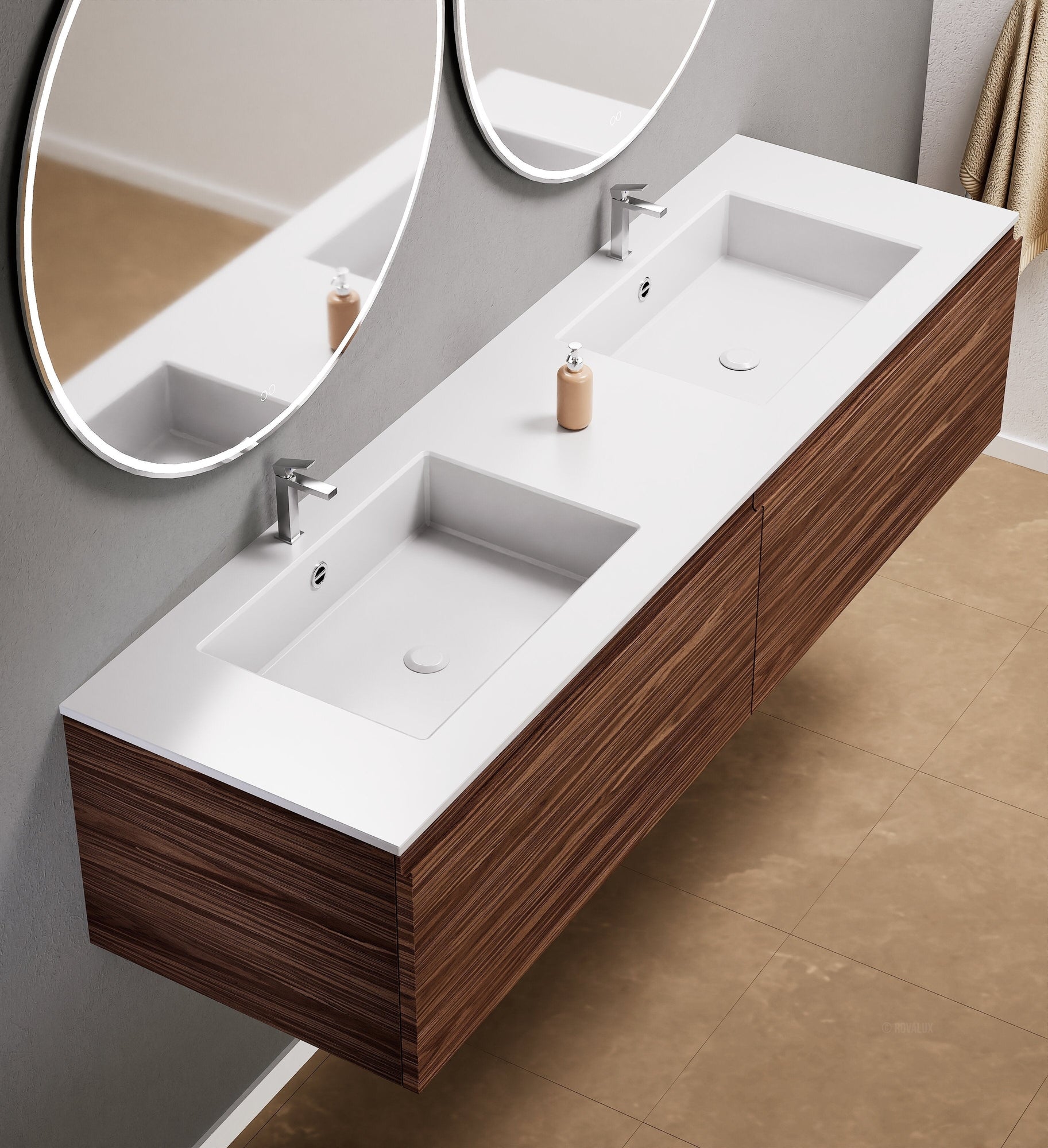 Aurora Double Set – Corian double Sinks & Countertop with 2 Drawers Vanity - ROVALUX