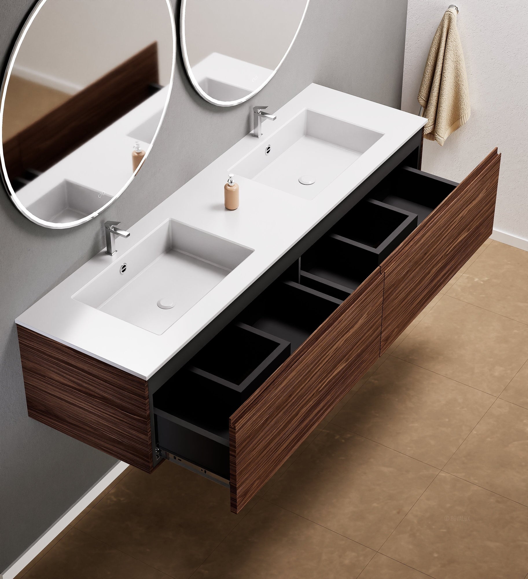 Aurora Double Set – Corian double Sinks & Countertop with 2 Drawers Vanity - ROVALUX