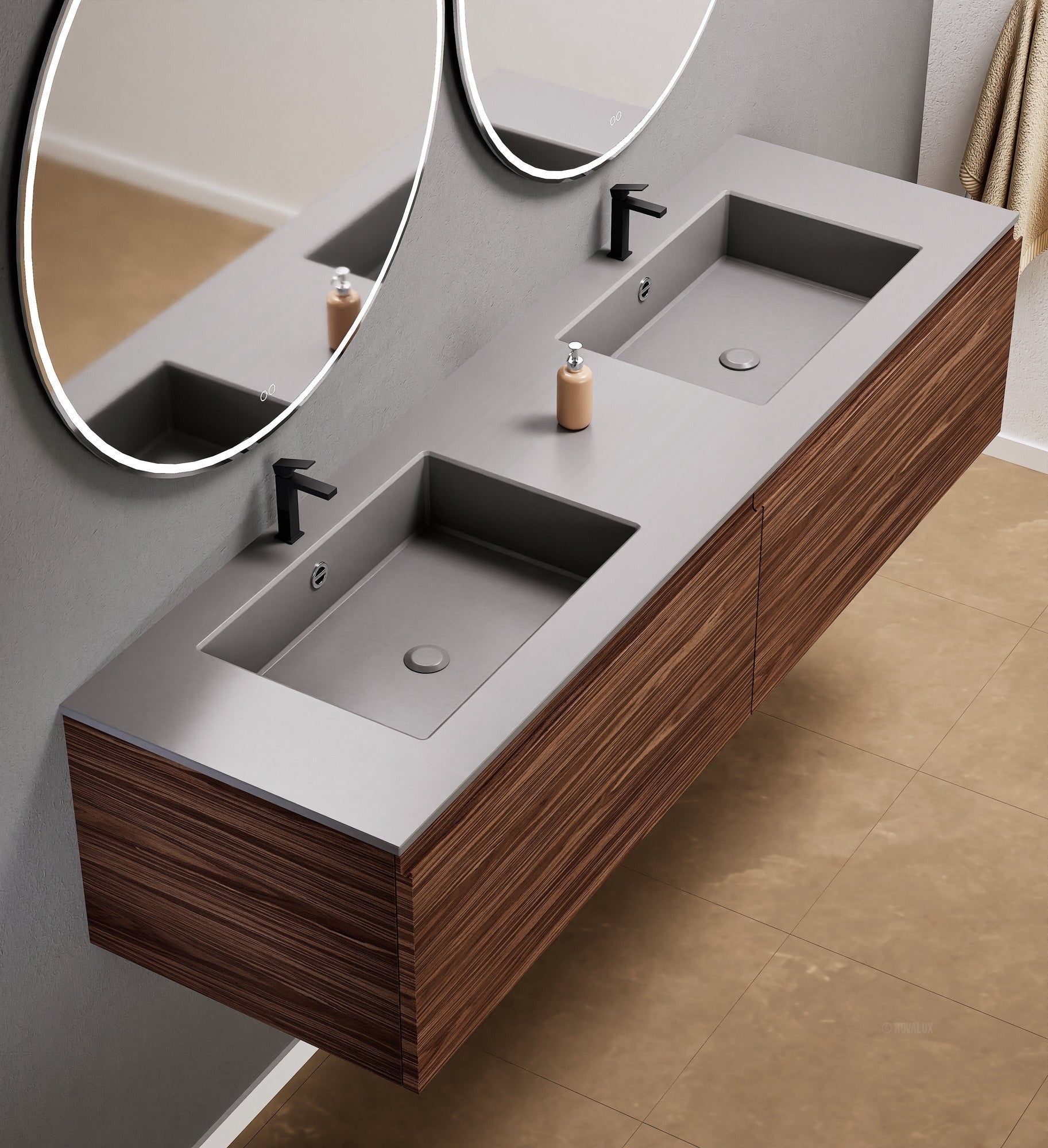 Aurora Double Set – Corian double Sinks & Countertop with 2 Drawers Vanity - ROVALUX