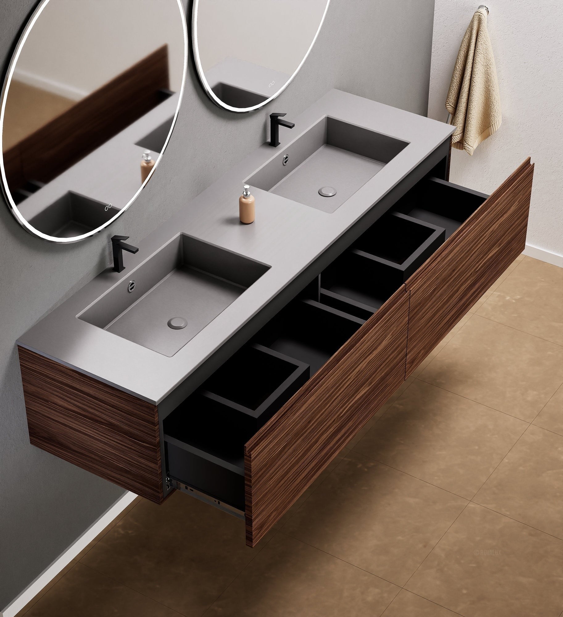 Aurora Double Set – Corian double Sinks & Countertop with 2 Drawers Vanity - ROVALUX