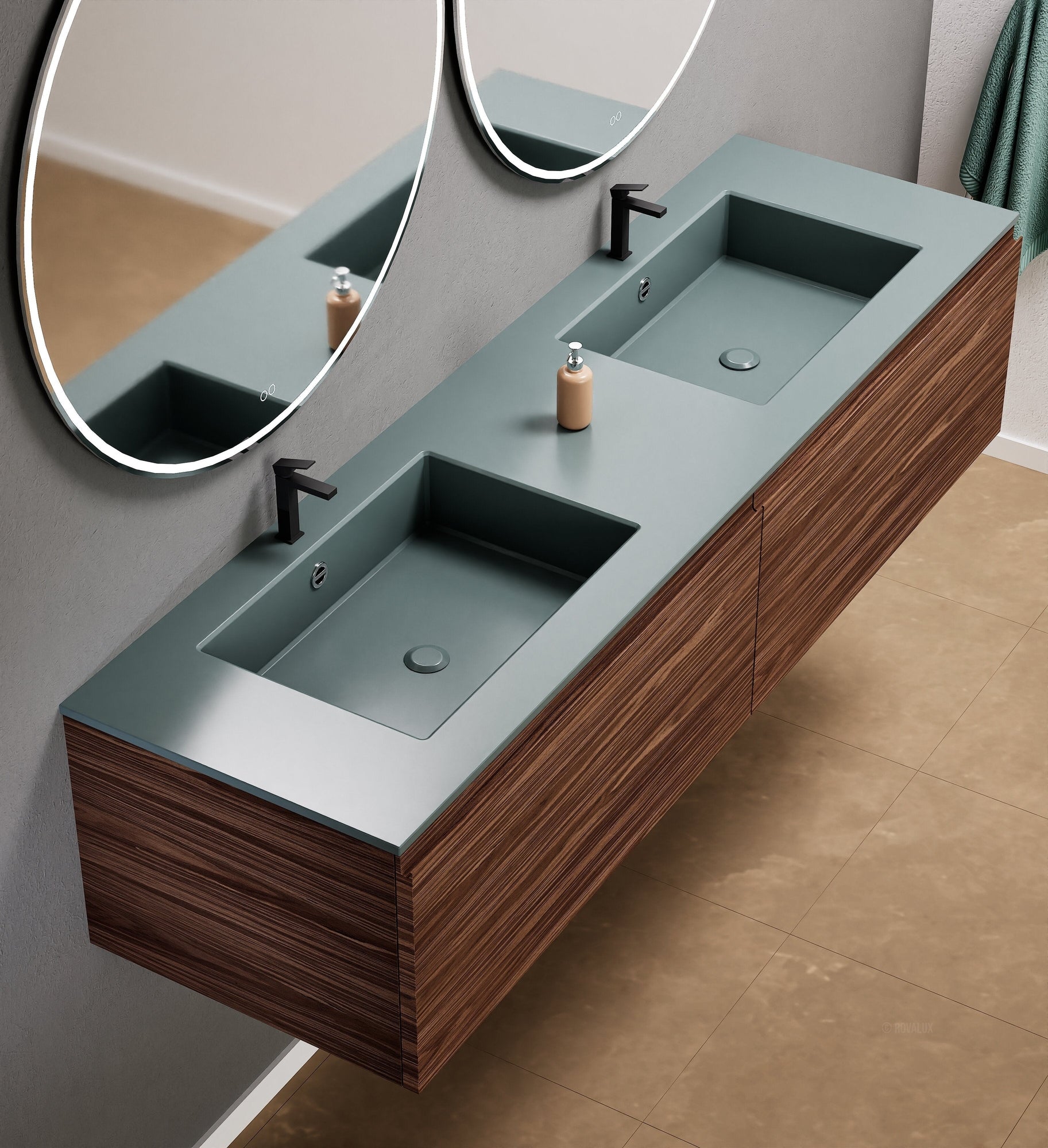 Aurora Double Set – Corian double Sinks & Countertop with 2 Drawers Vanity - ROVALUX