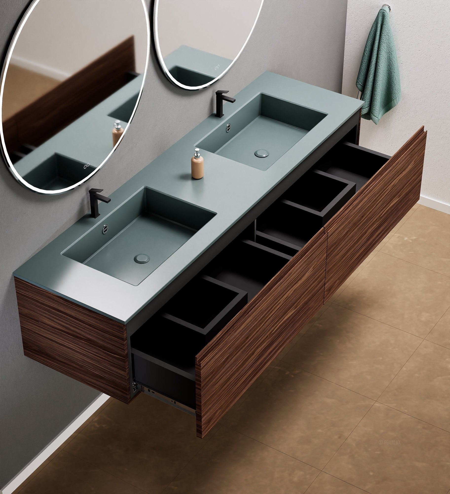 Aurora Double Set – Corian double Sinks & Countertop with 2 Drawers Vanity - ROVALUX