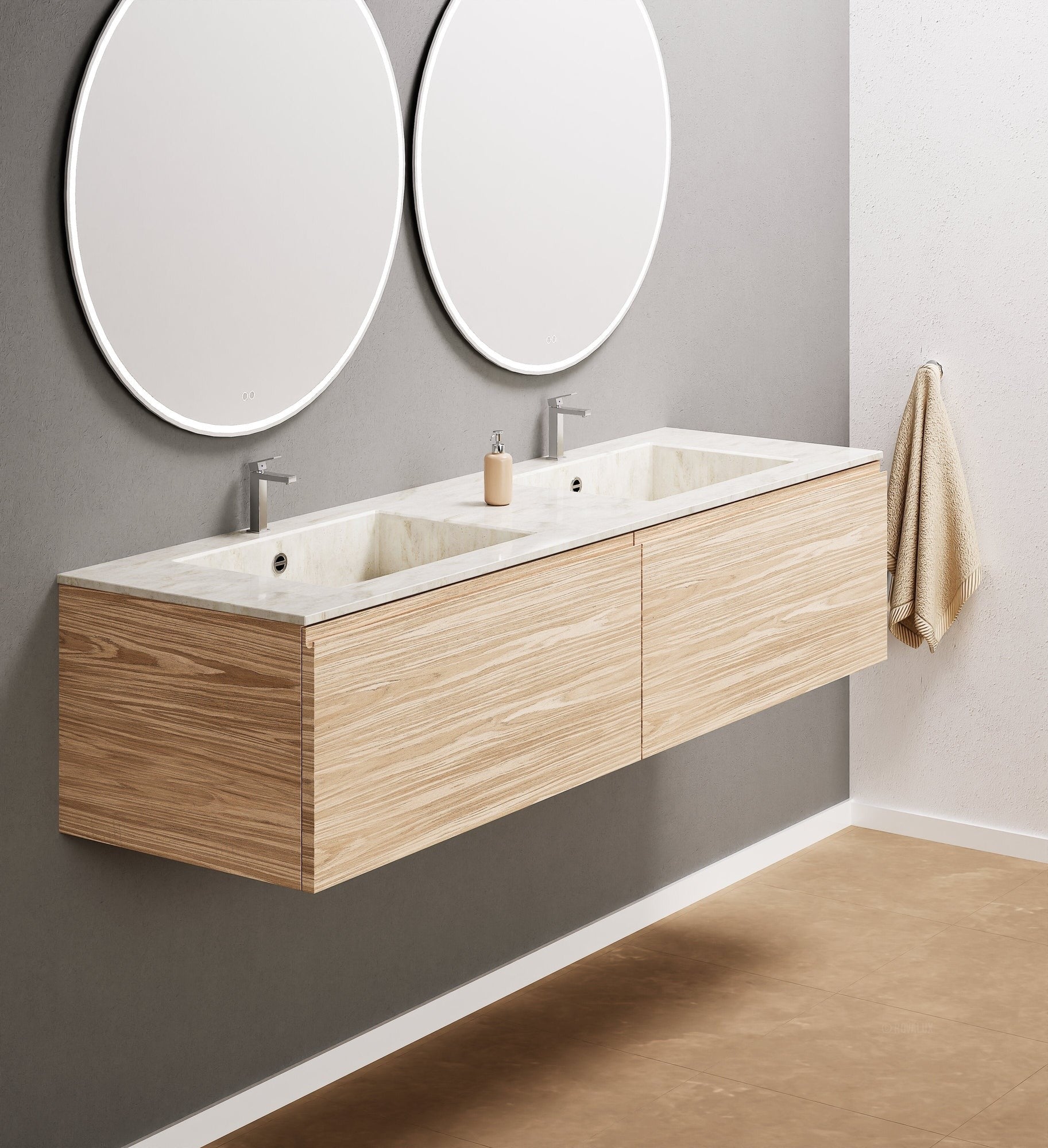 Aurora Double Set – Corian double Sinks & Countertop with 2 Drawers Vanity - ROVALUX