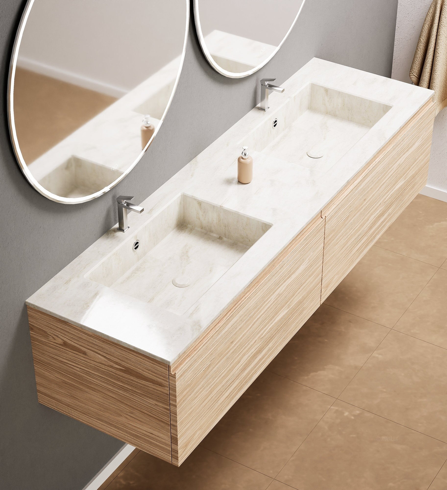Aurora Double Set – Corian double Sinks & Countertop with 2 Drawers Vanity - ROVALUX
