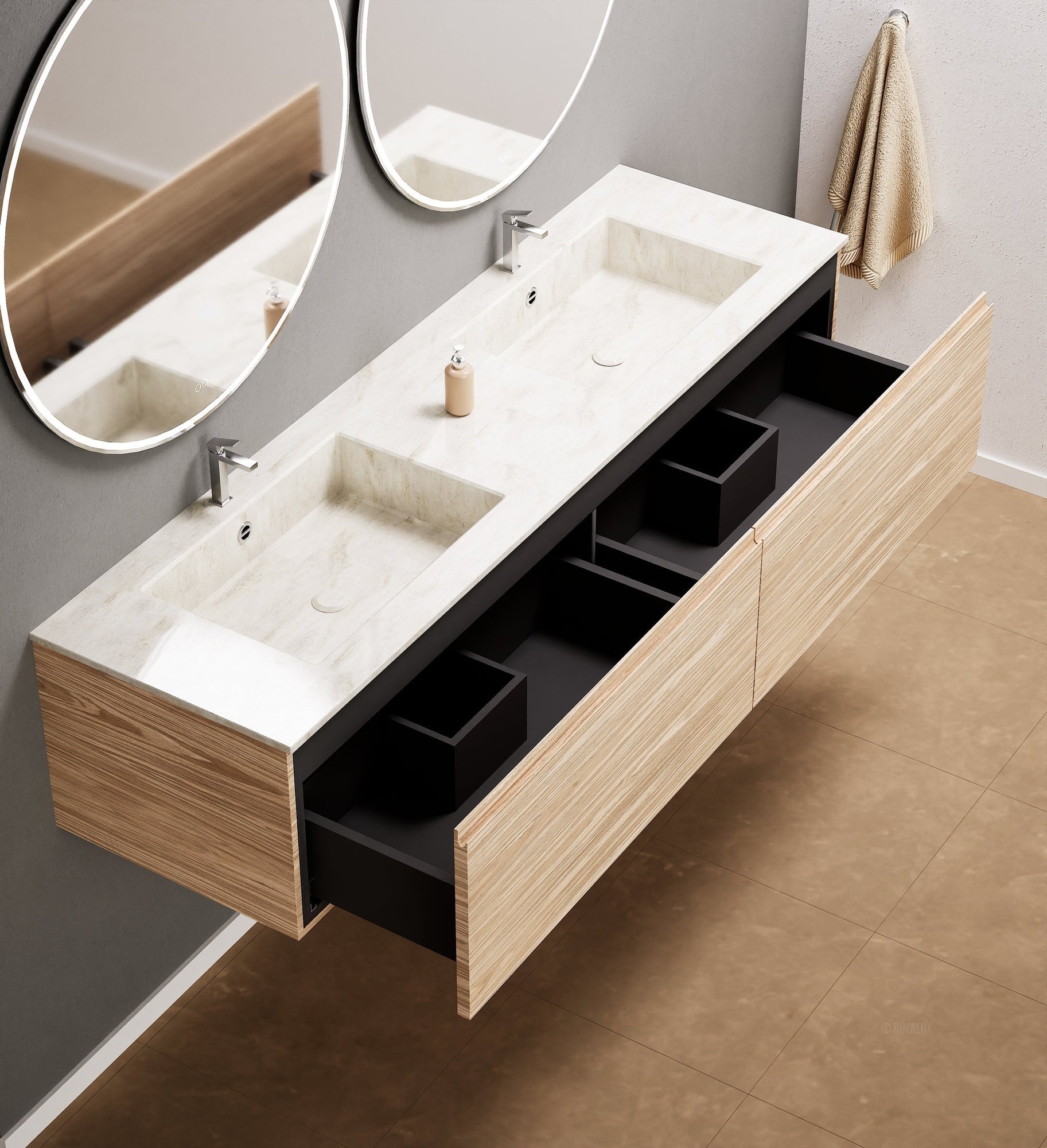 Aurora Double Set – Corian double Sinks & Countertop with 2 Drawers Vanity - ROVALUX