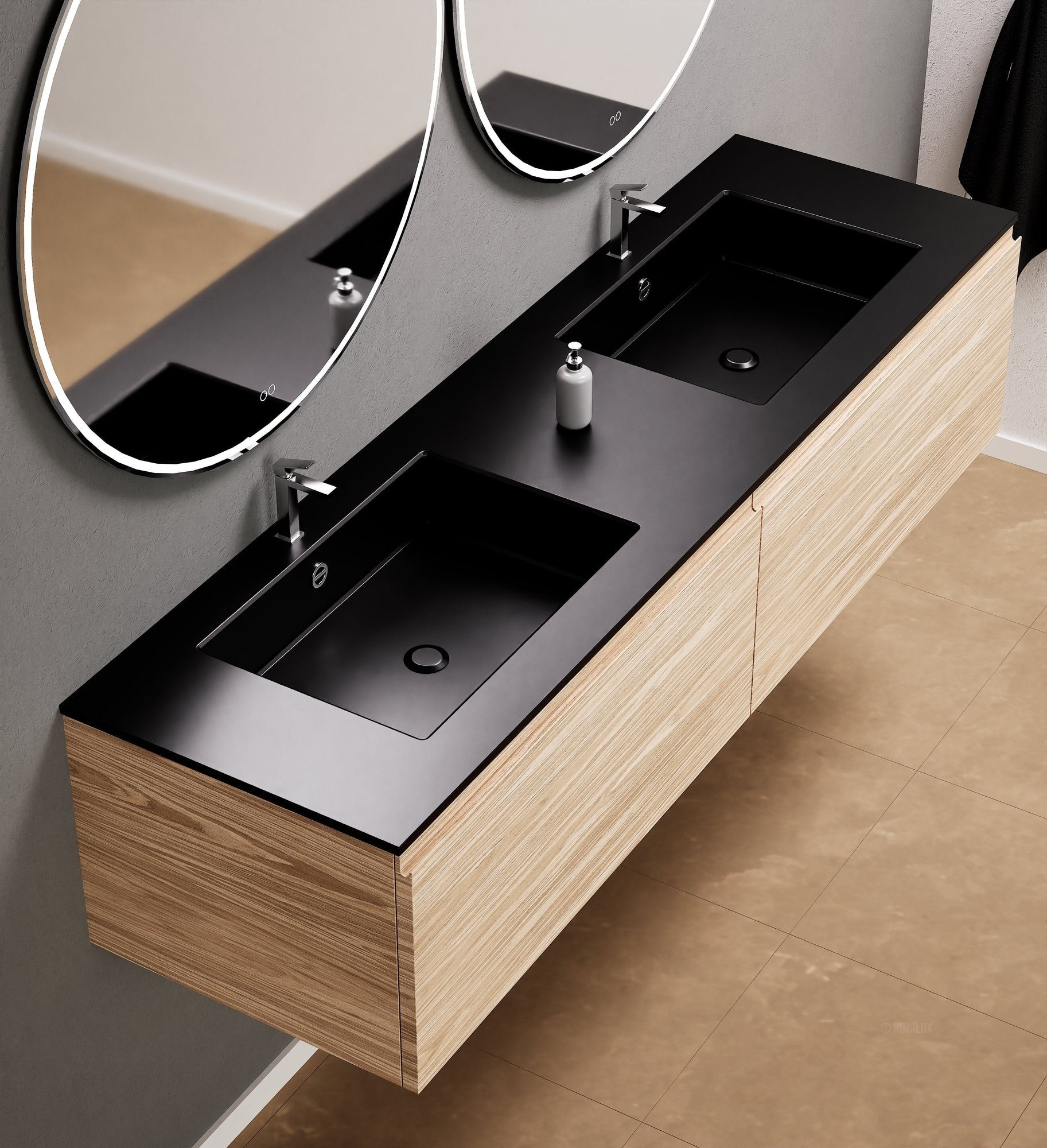 Aurora Double Set – Corian double Sinks & Countertop with 2 Drawers Vanity - ROVALUX