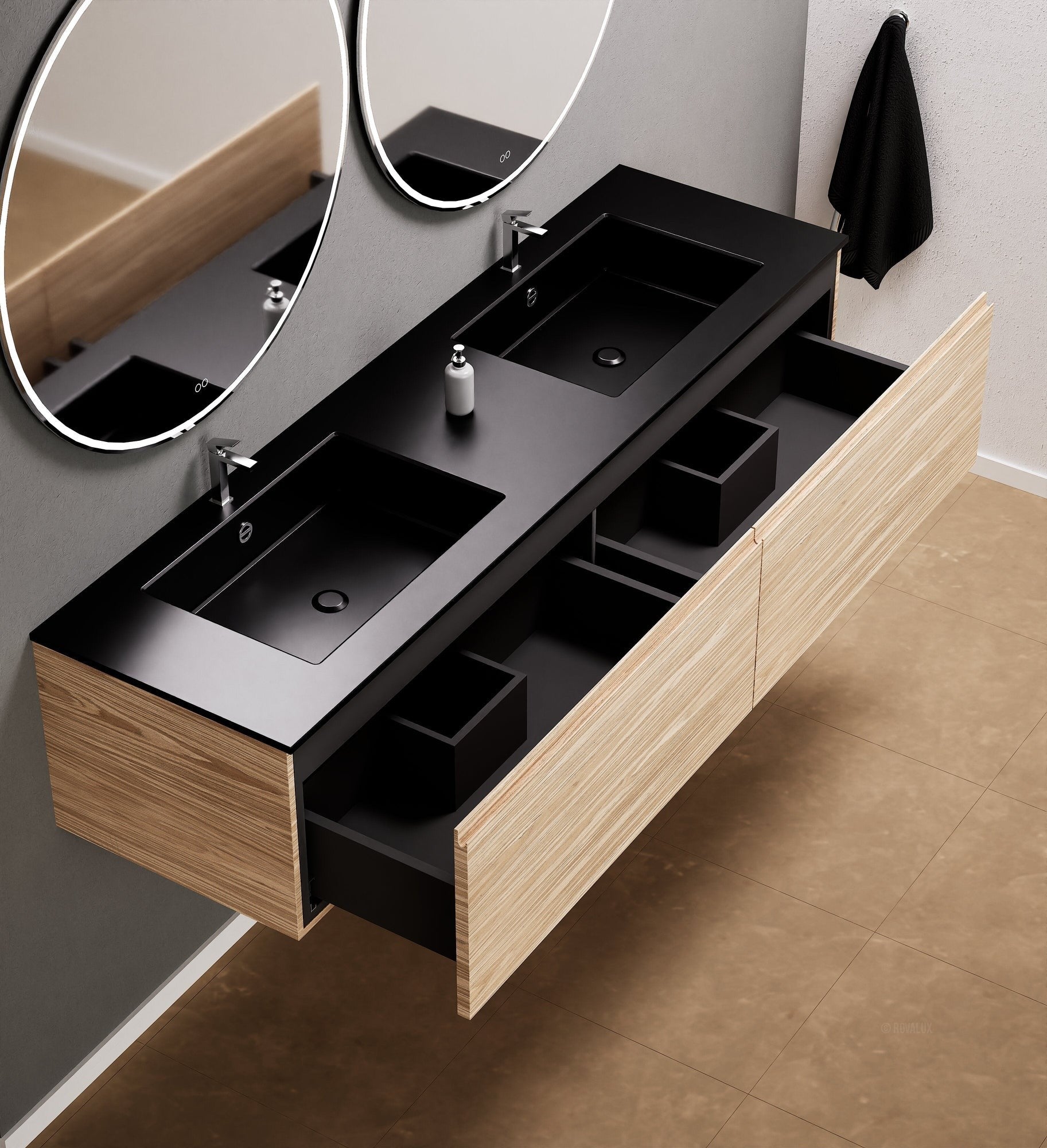 Aurora Double Set – Corian double Sinks & Countertop with 2 Drawers Vanity - ROVALUX