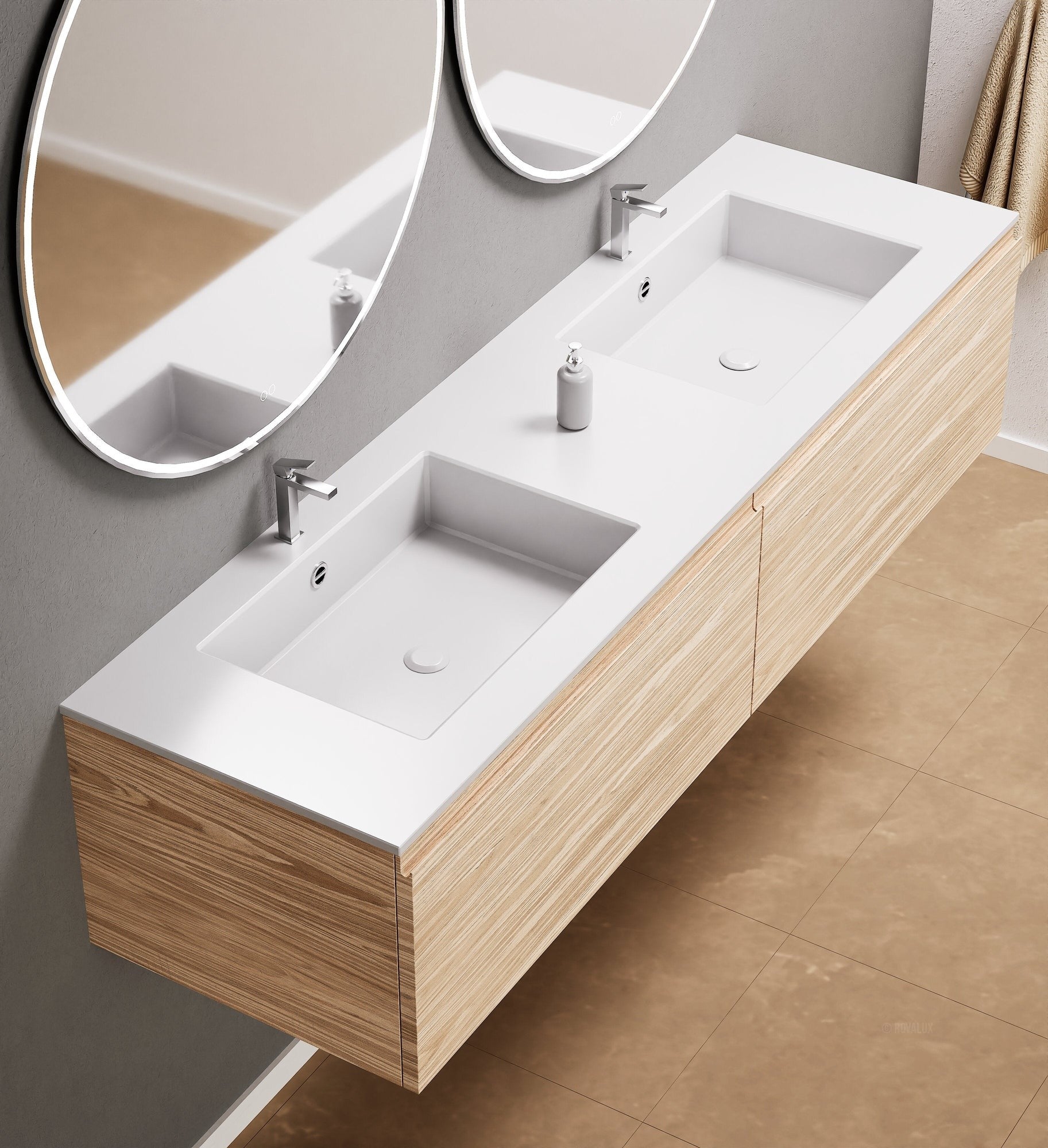 Aurora Double Set – Corian double Sinks & Countertop with 2 Drawers Vanity - ROVALUX