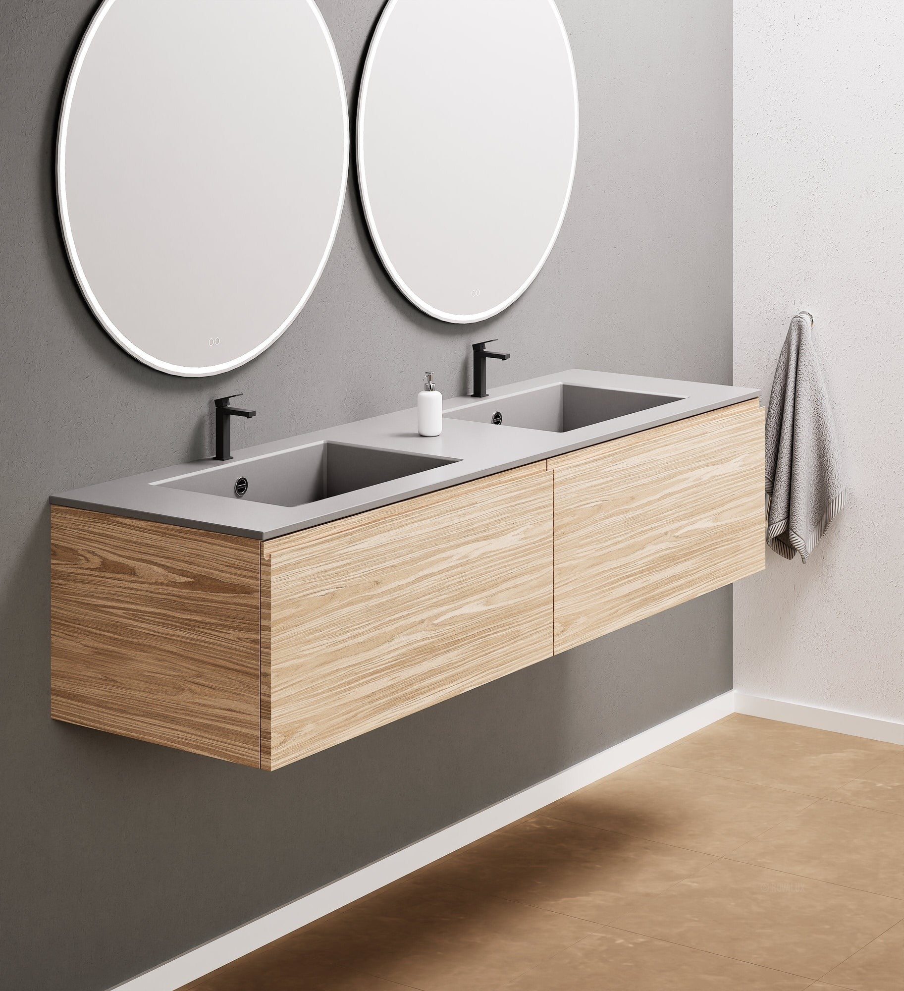 Aurora Double Set – Corian double Sinks & Countertop with 2 Drawers Vanity - ROVALUX