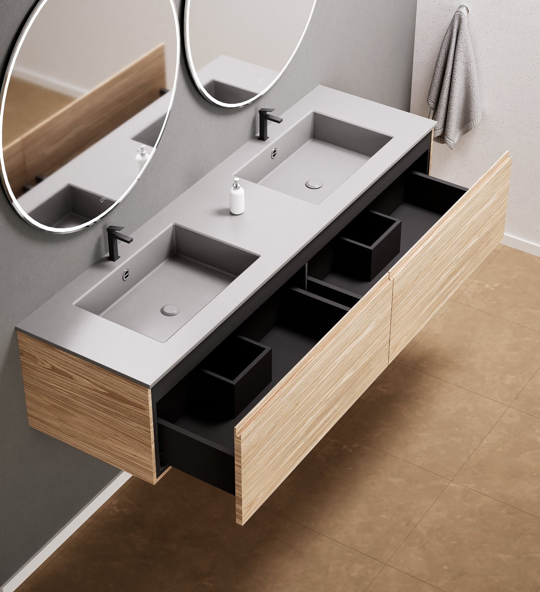Aurora Double Set – Corian double Sinks & Countertop with 2 Drawers Vanity - ROVALUX