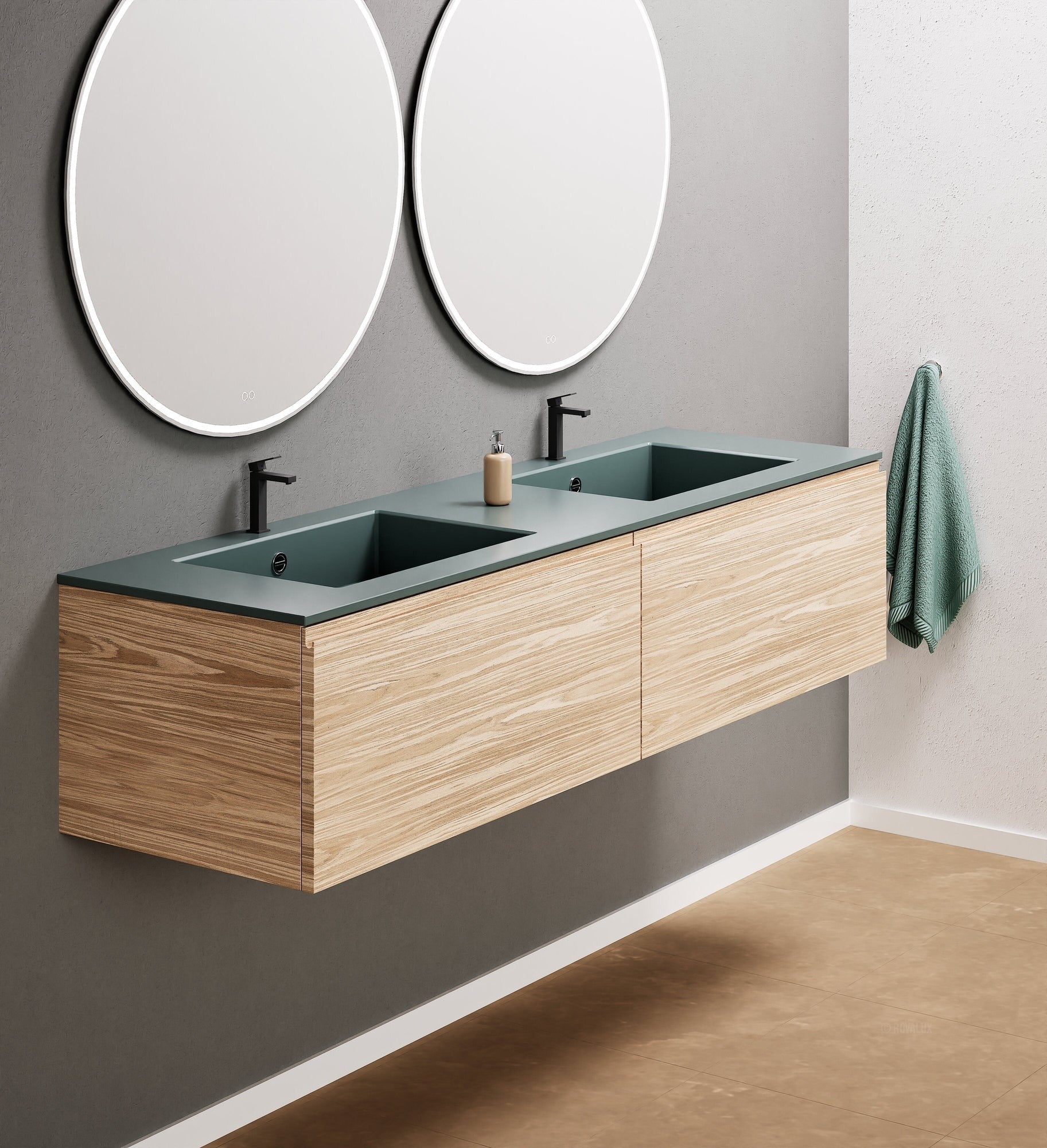 Aurora Double Set – Corian double Sinks & Countertop with 2 Drawers Vanity - ROVALUX