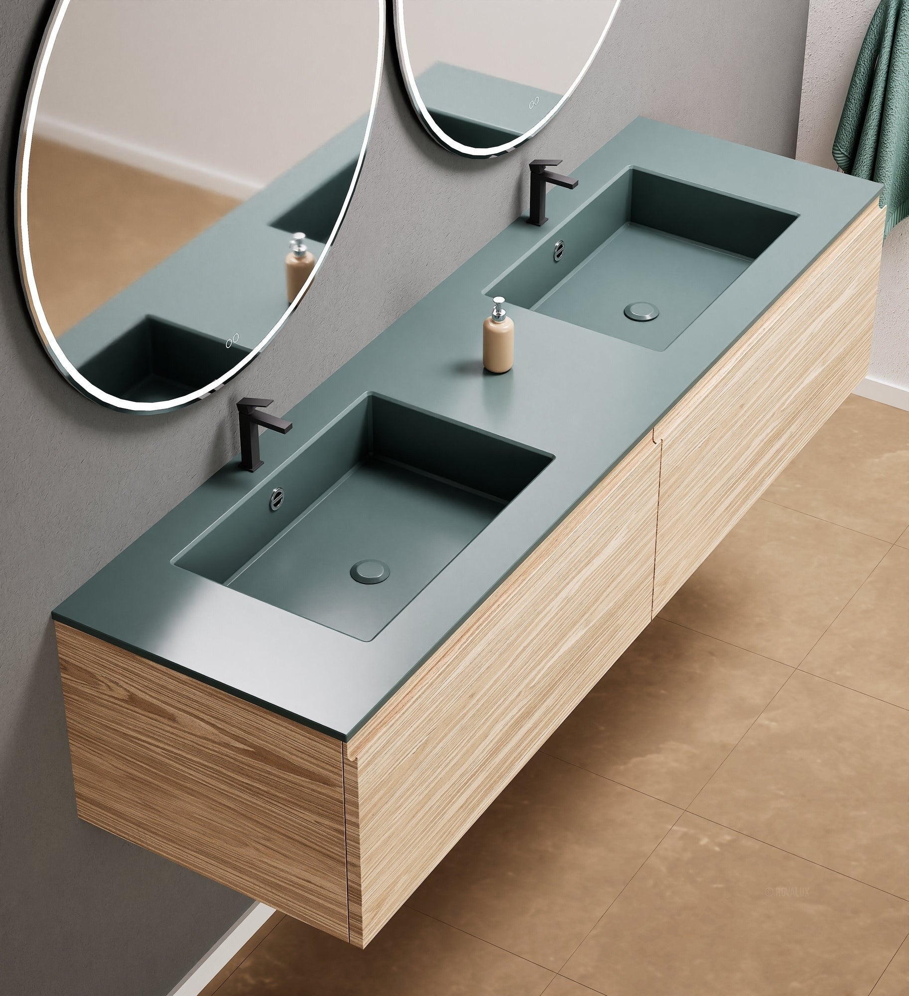 Aurora Double Set – Corian double Sinks & Countertop with 2 Drawers Vanity - ROVALUX