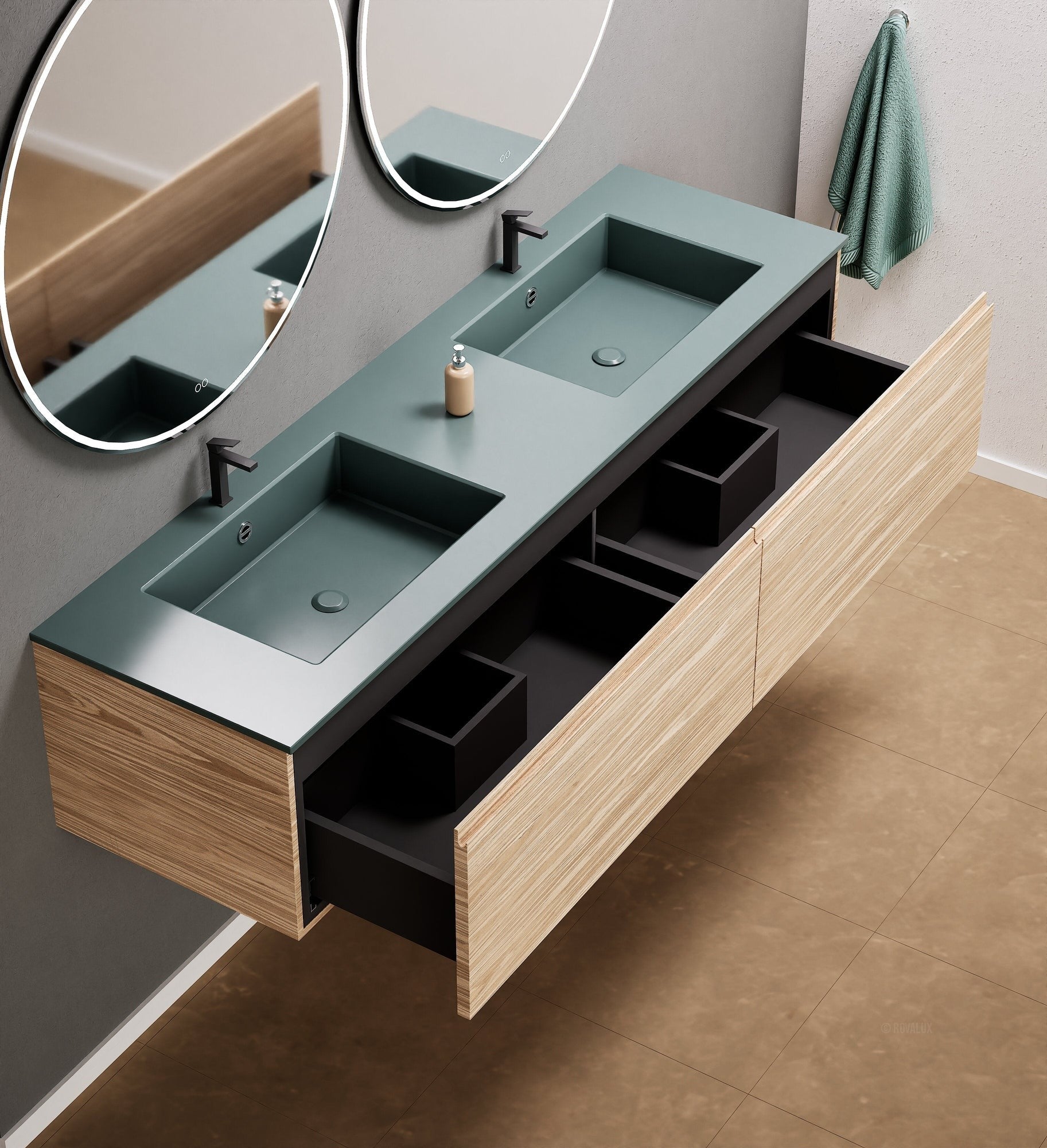 Aurora Double Set – Corian double Sinks & Countertop with 2 Drawers Vanity - ROVALUX