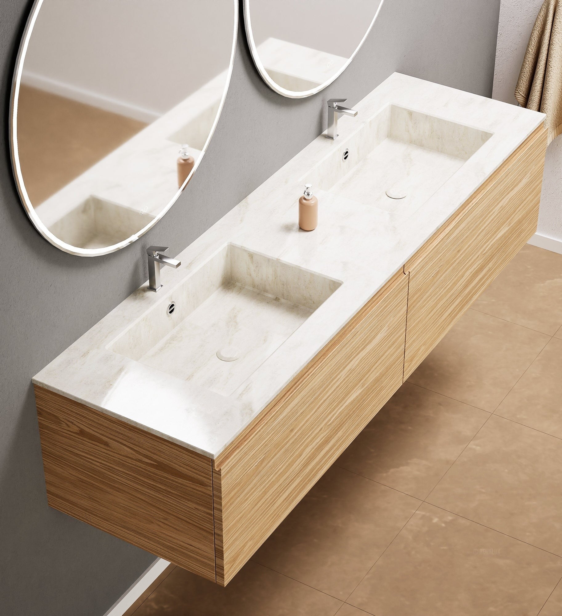 Aurora Double Set – Corian double Sinks & Countertop with 2 Drawers Vanity - ROVALUX
