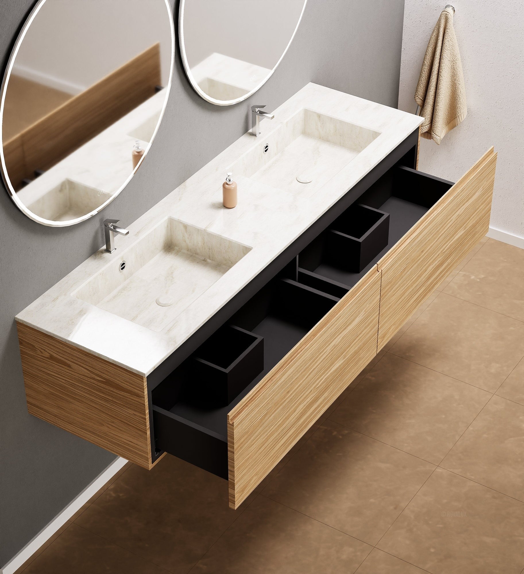 Aurora Double Set – Corian double Sinks & Countertop with 2 Drawers Vanity - ROVALUX