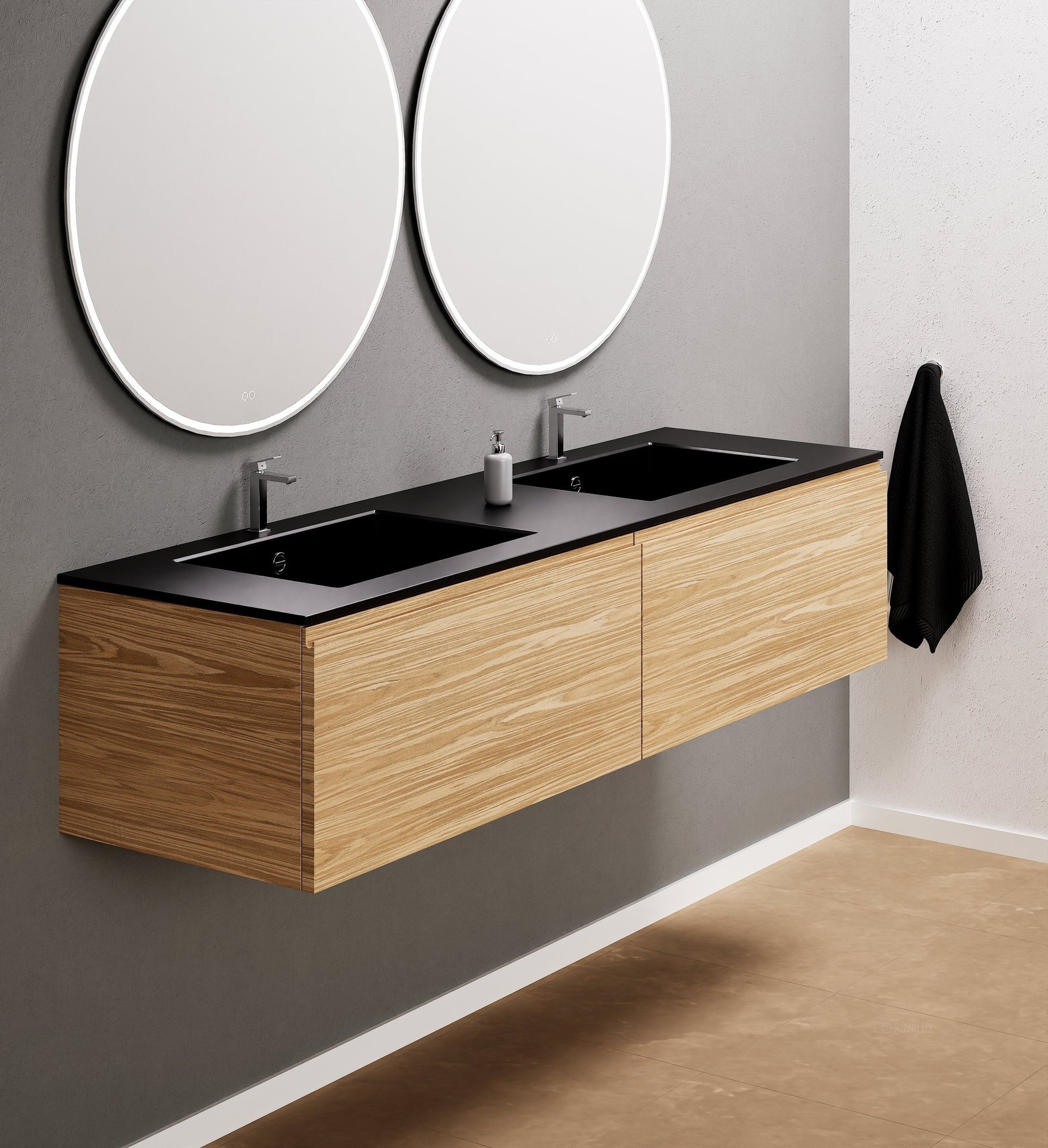 Aurora Double Set – Corian double Sinks & Countertop with 2 Drawers Vanity - ROVALUX