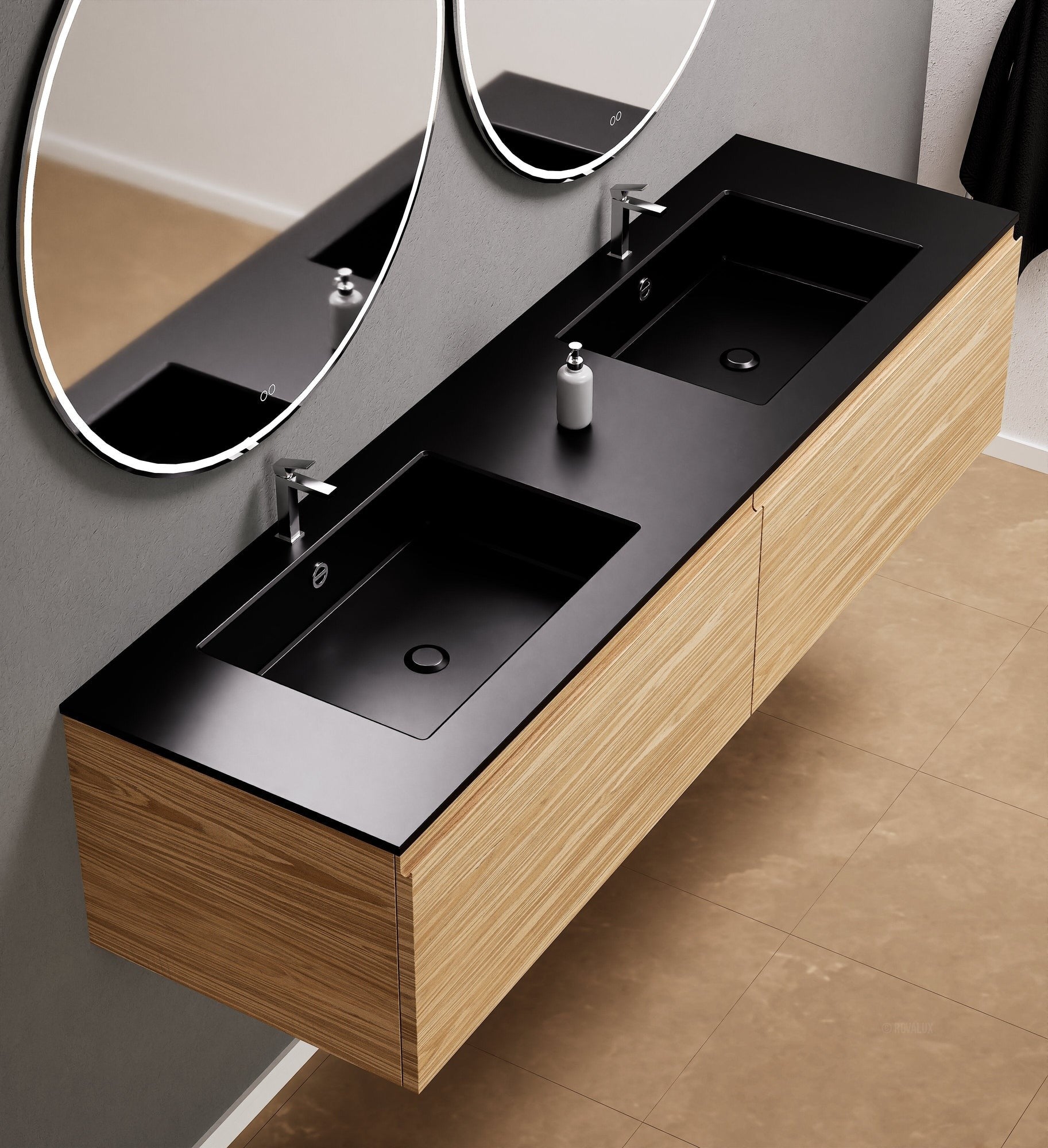 Aurora Double Set – Corian double Sinks & Countertop with 2 Drawers Vanity - ROVALUX