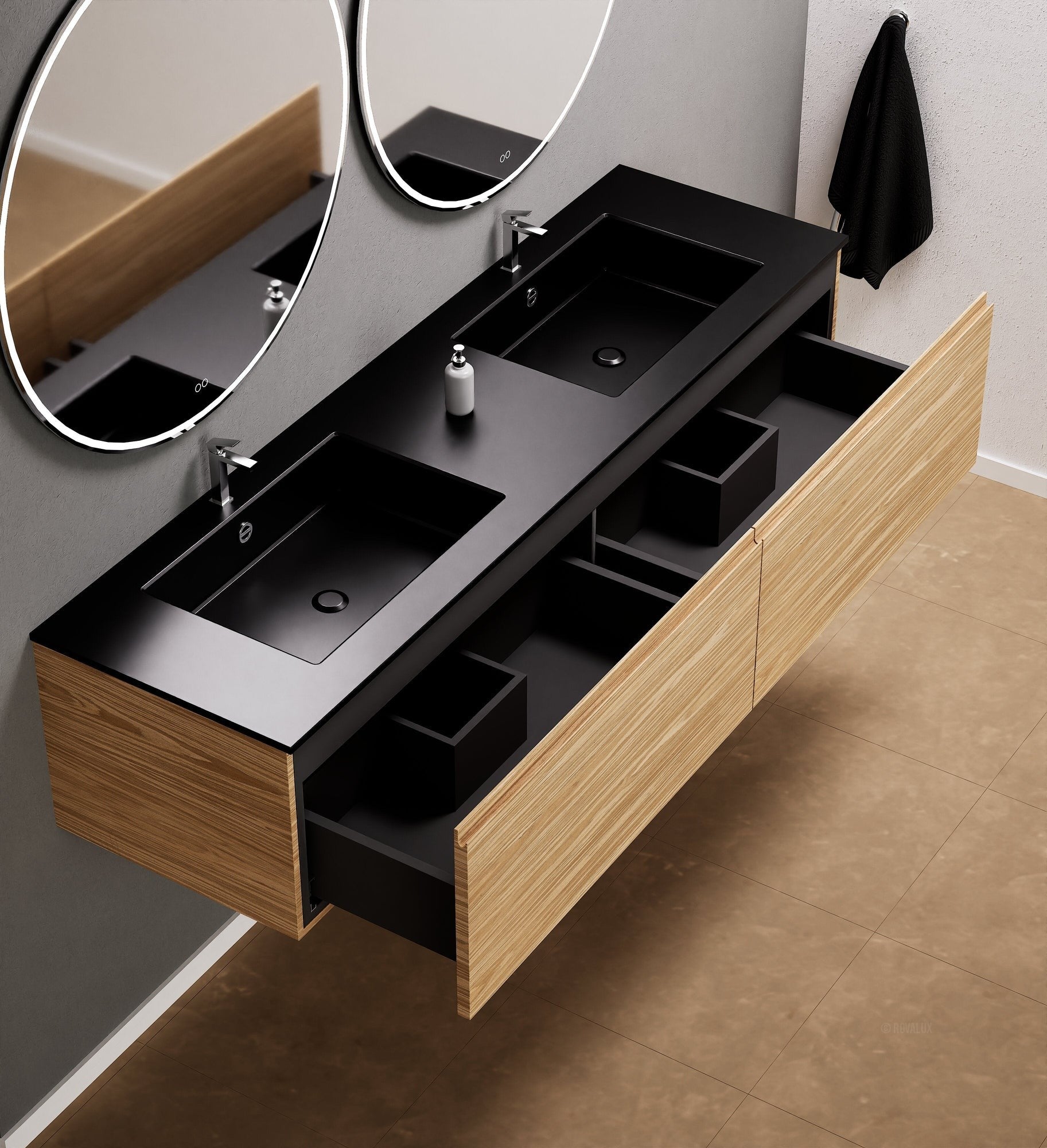 Aurora Double Set – Corian double Sinks & Countertop with 2 Drawers Vanity - ROVALUX