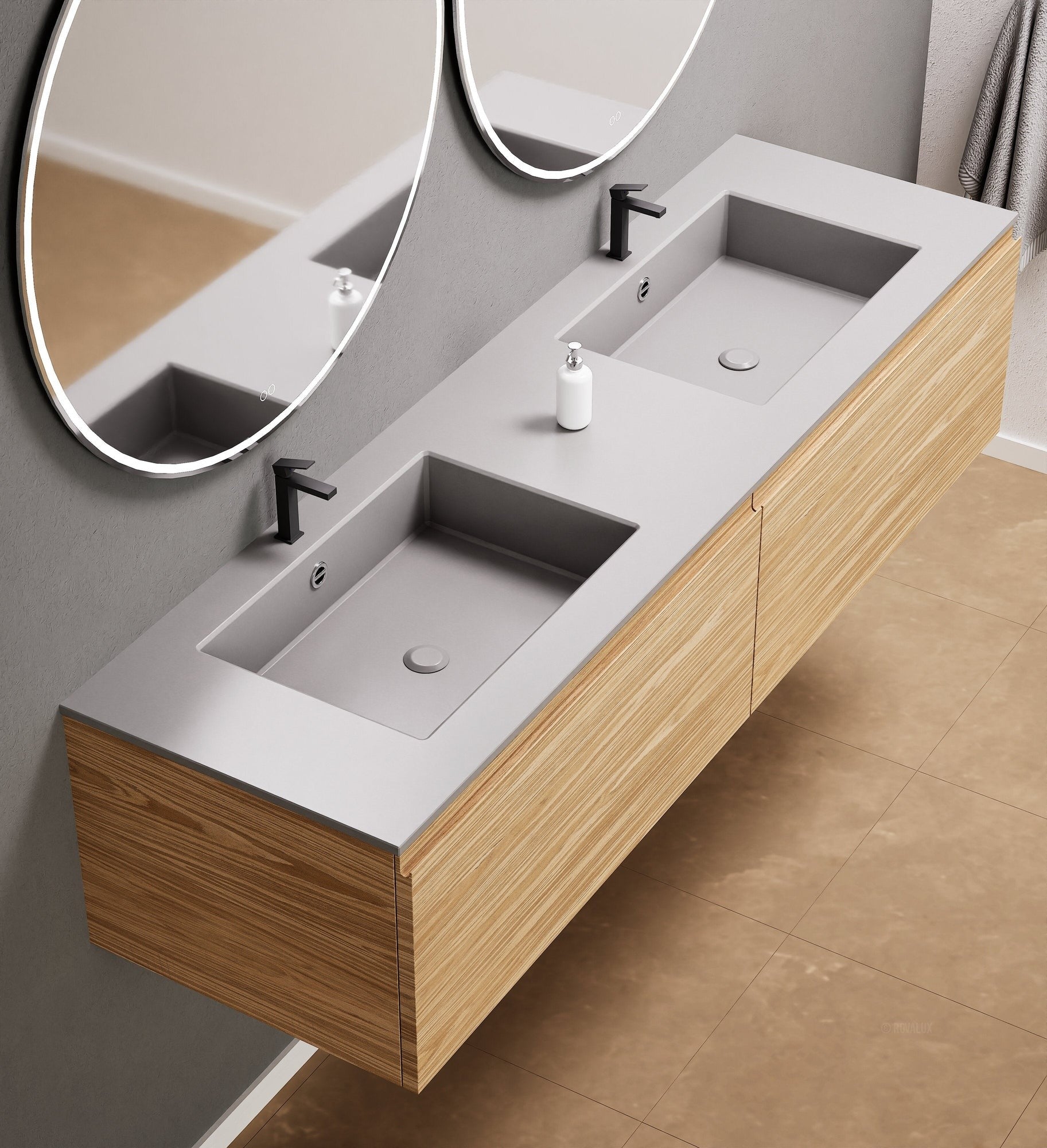 Aurora Double Set – Corian double Sinks & Countertop with 2 Drawers Vanity - ROVALUX