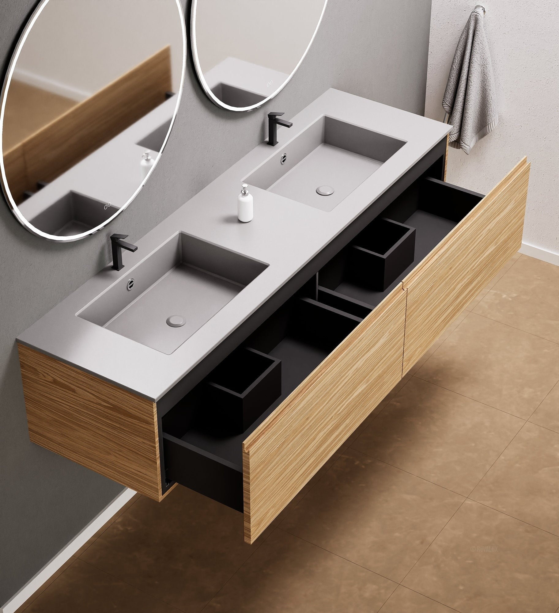Aurora Double Set – Corian double Sinks & Countertop with 2 Drawers Vanity - ROVALUX