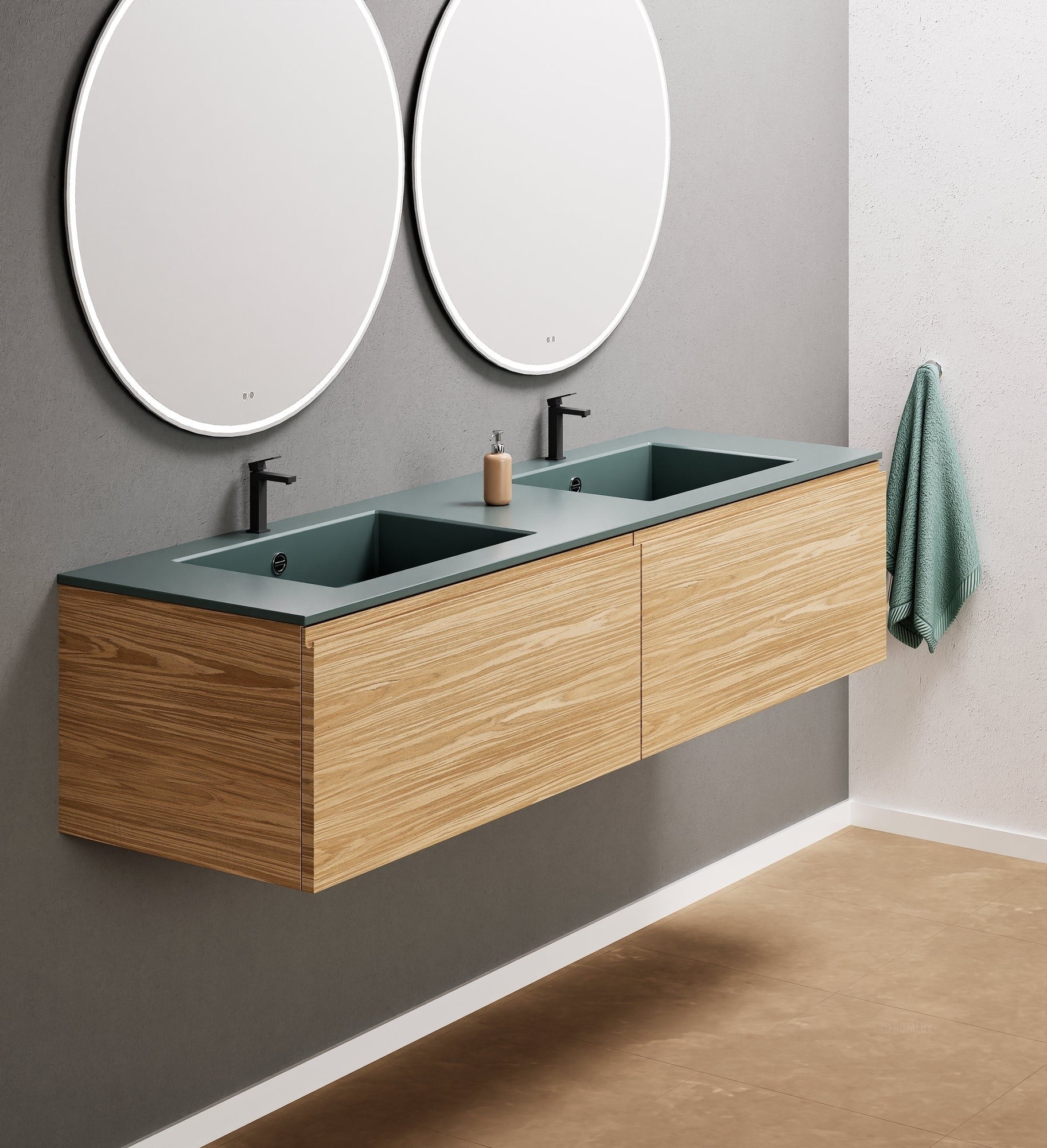 Aurora Double Set – Corian double Sinks & Countertop with 2 Drawers Vanity - ROVALUX