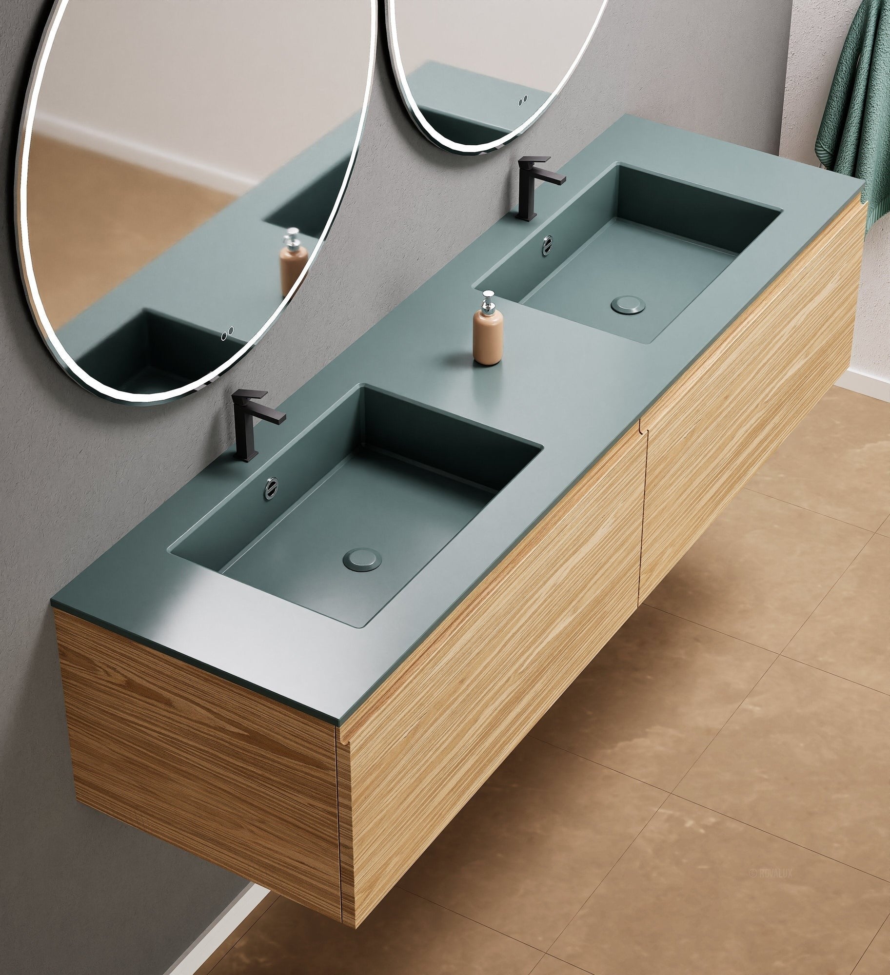 Aurora Double Set – Corian double Sinks & Countertop with 2 Drawers Vanity - ROVALUX