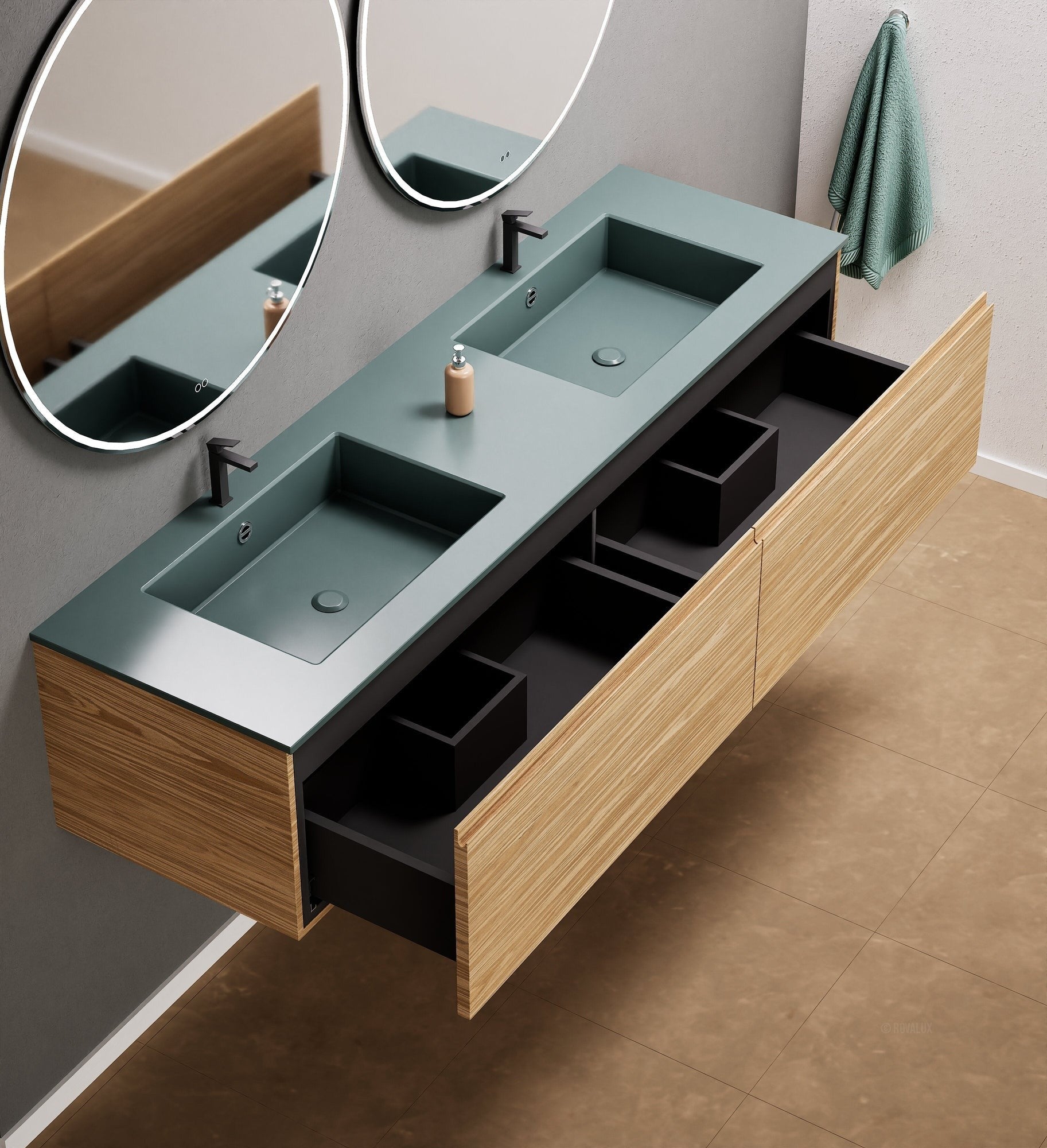 Aurora Double Set – Corian double Sinks & Countertop with 2 Drawers Vanity - ROVALUX