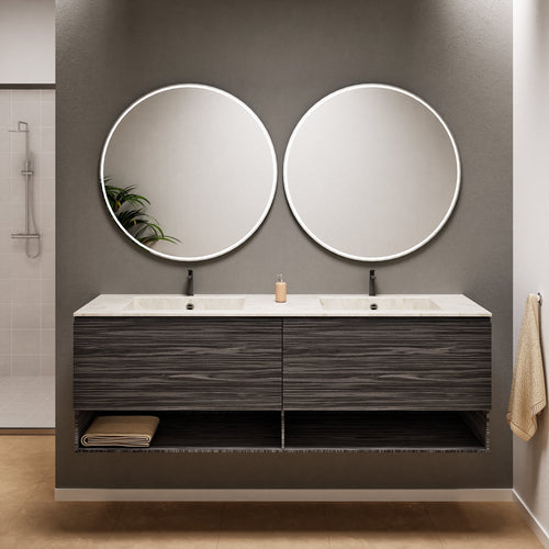 Aurora Double Set – Corian Sinks & Countertop with 2 Drawers Vanity & Bottom Shelves - ROVALUX