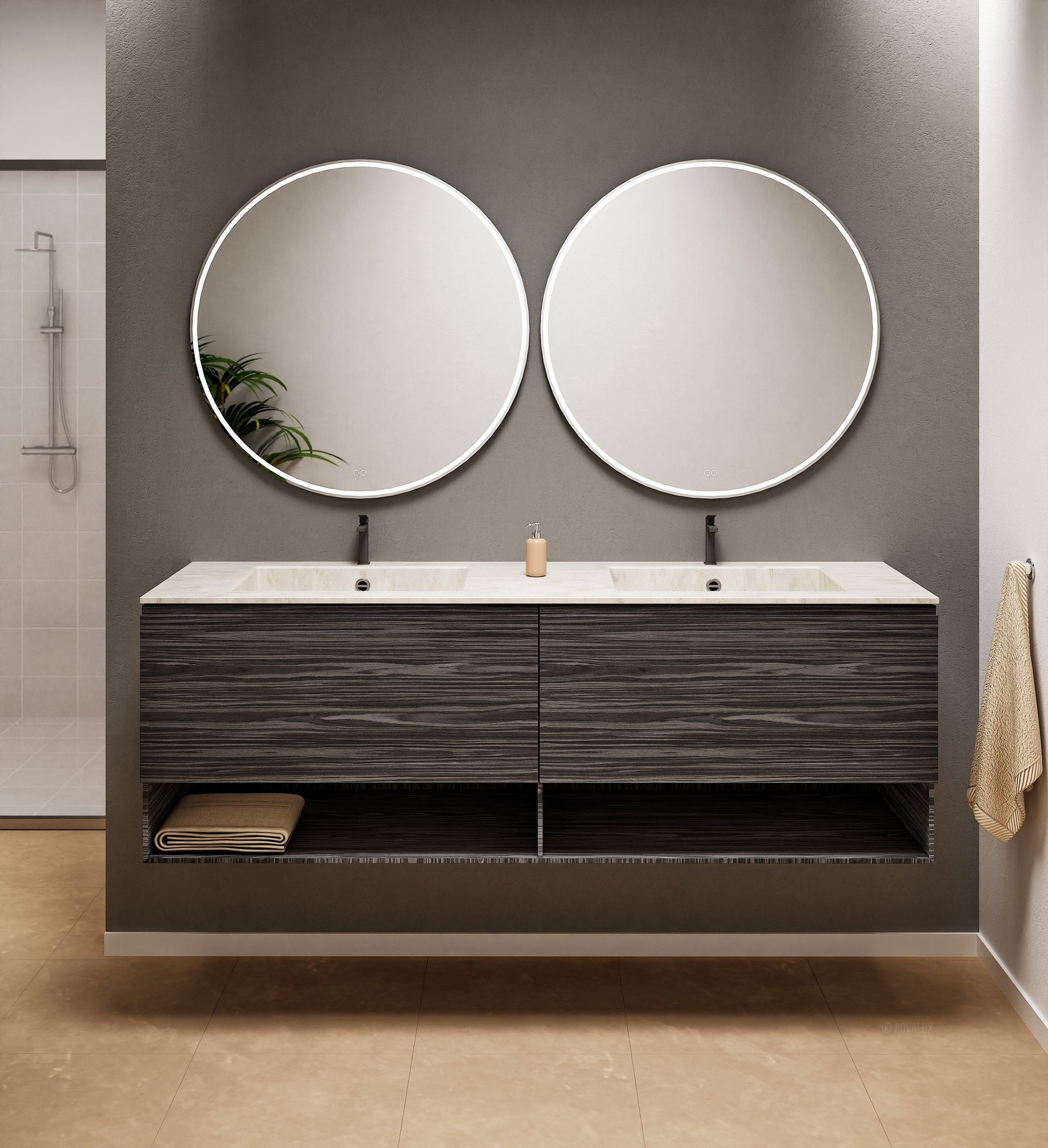 Aurora Double Set – Corian Sinks & Countertop with 2 Drawers Vanity & Bottom Shelves - ROVALUX