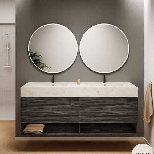 Aurora Double Set – Corian Sinks & Countertop with 2 Drawers Vanity & Bottom Shelves - ROVALUX