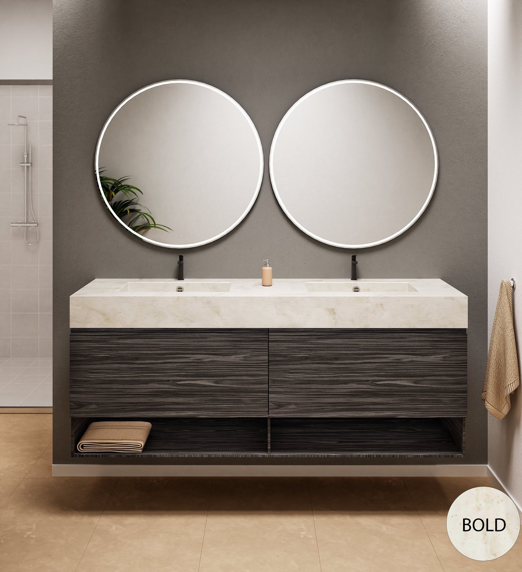 Aurora Double Set – Corian Sinks & Countertop with 2 Drawers Vanity & Bottom Shelves - ROVALUX