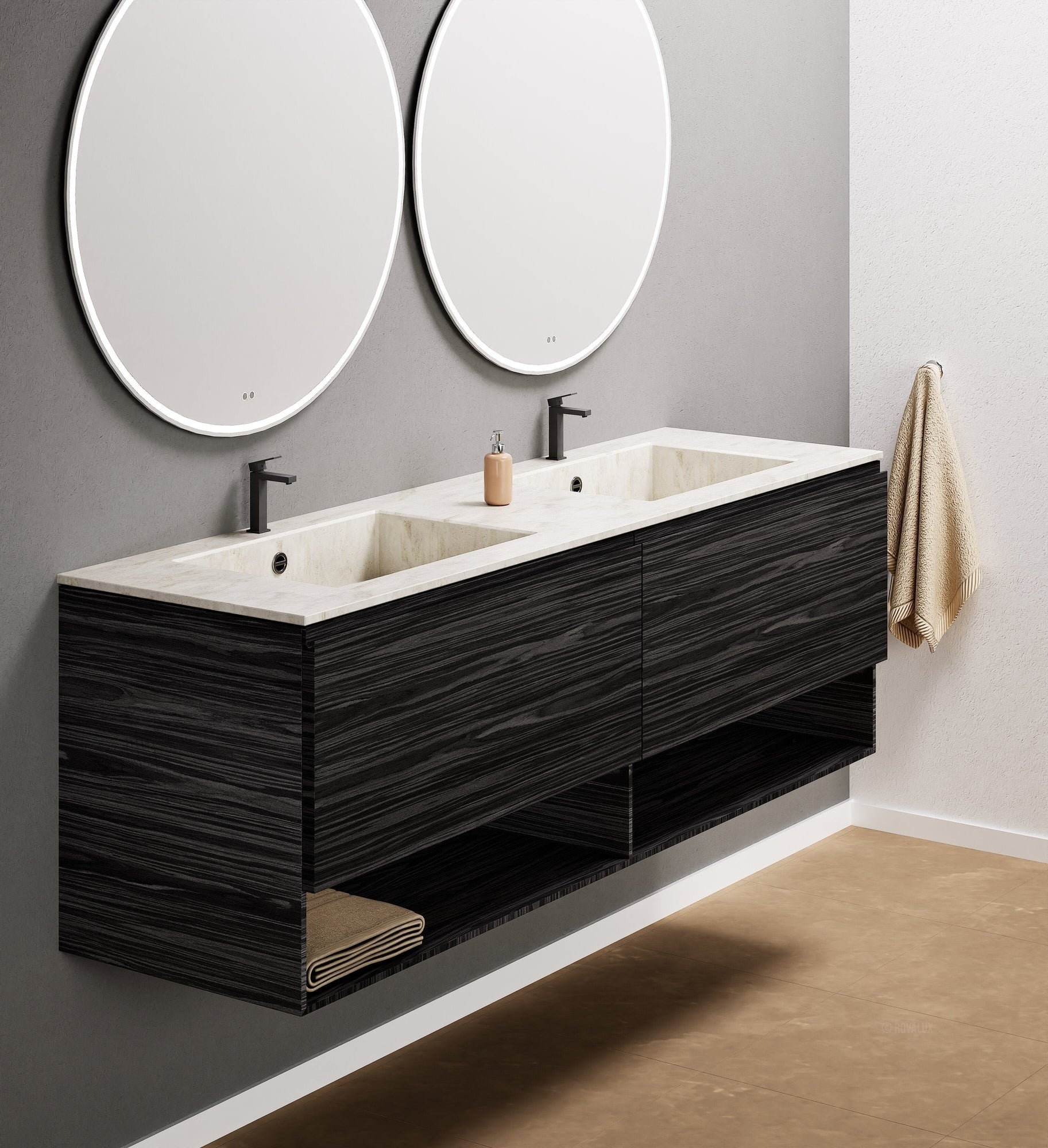 Aurora Double Set – Corian Sinks & Countertop with 2 Drawers Vanity & Bottom Shelves - ROVALUX