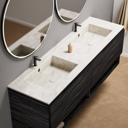 Aurora Double Set – Corian Sinks & Countertop with 2 Drawers Vanity & Bottom Shelves - ROVALUX