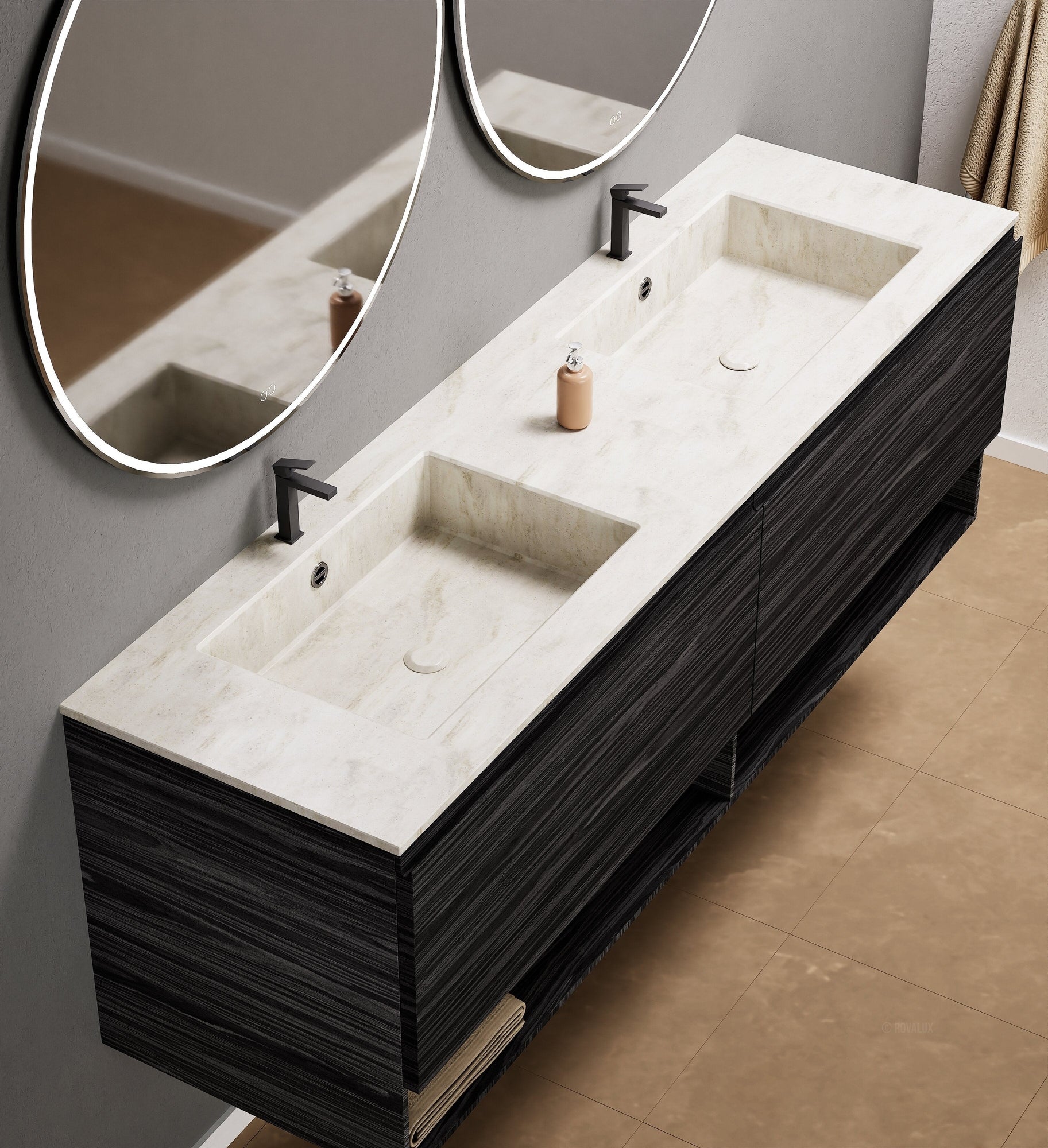 Aurora Double Set – Corian Sinks & Countertop with 2 Drawers Vanity & Bottom Shelves - ROVALUX