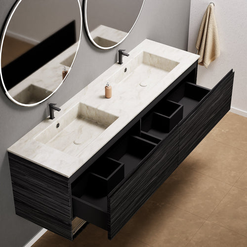 Aurora Double Set – Corian Sinks & Countertop with 2 Drawers Vanity & Bottom Shelves - ROVALUX