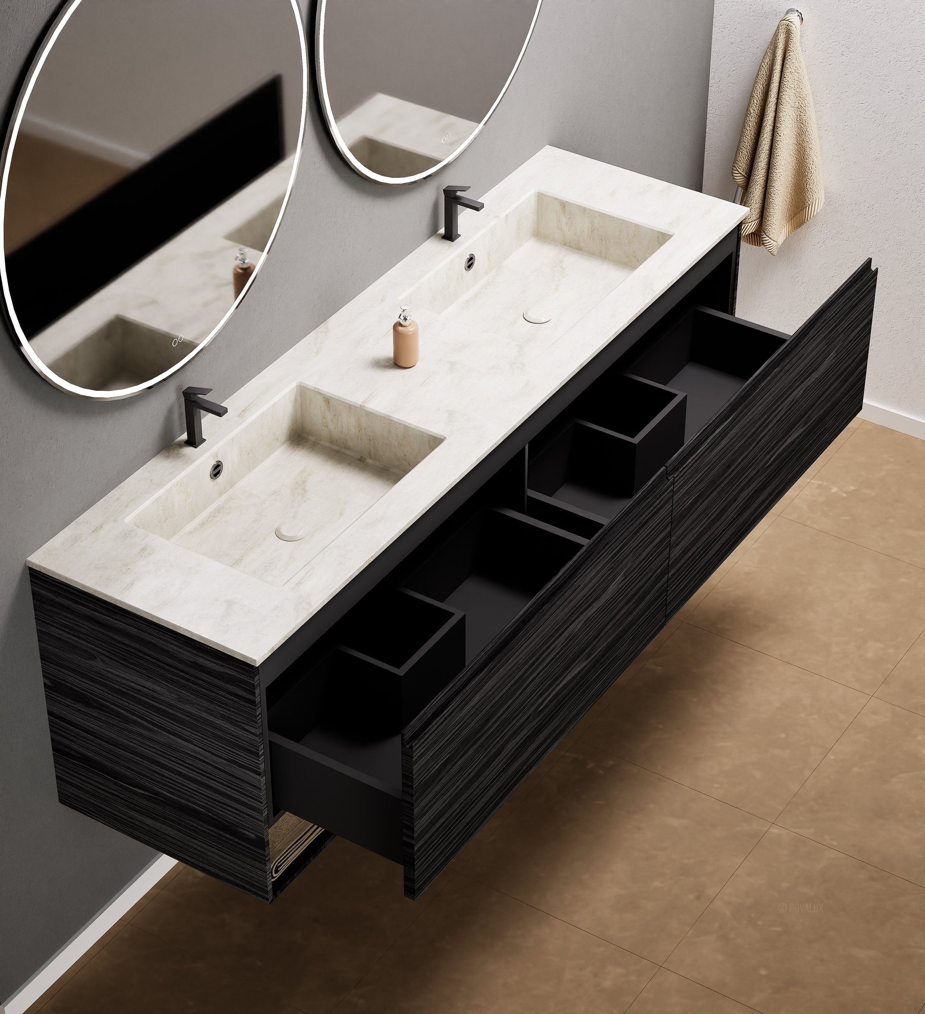 Aurora Double Set – Corian Sinks & Countertop with 2 Drawers Vanity & Bottom Shelves - ROVALUX
