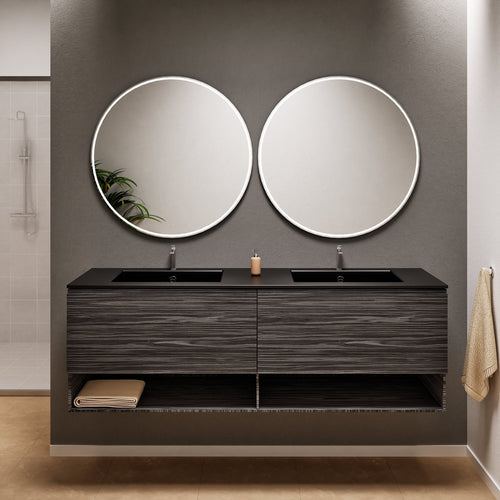 Aurora Double Set – Corian Sinks & Countertop with 2 Drawers Vanity & Bottom Shelves - ROVALUX