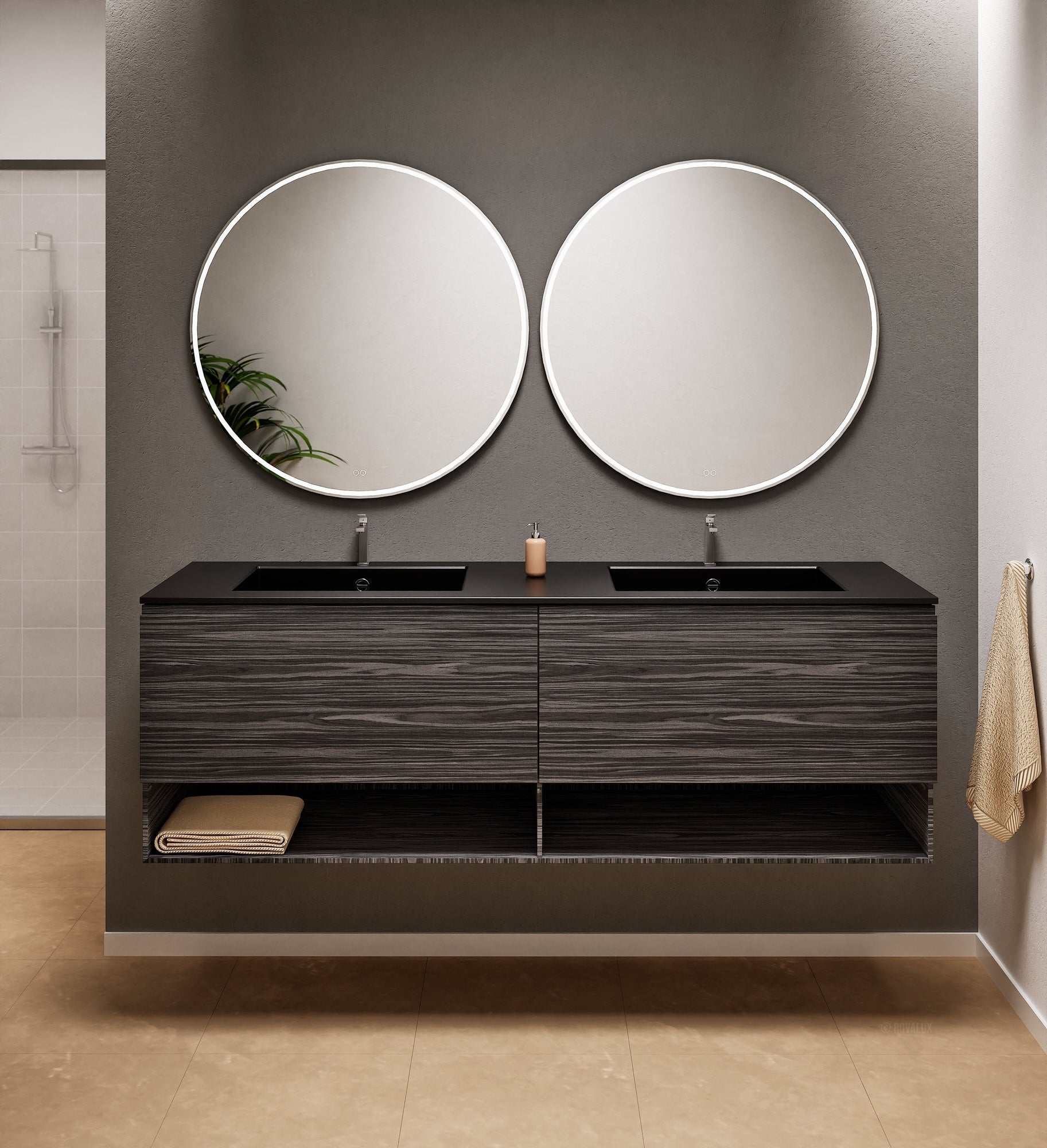 Aurora Double Set – Corian Sinks & Countertop with 2 Drawers Vanity & Bottom Shelves - ROVALUX