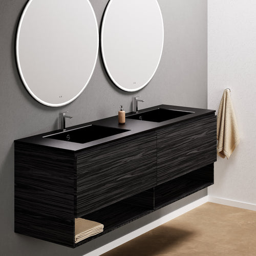 Aurora Double Set – Corian Sinks & Countertop with 2 Drawers Vanity & Bottom Shelves - ROVALUX