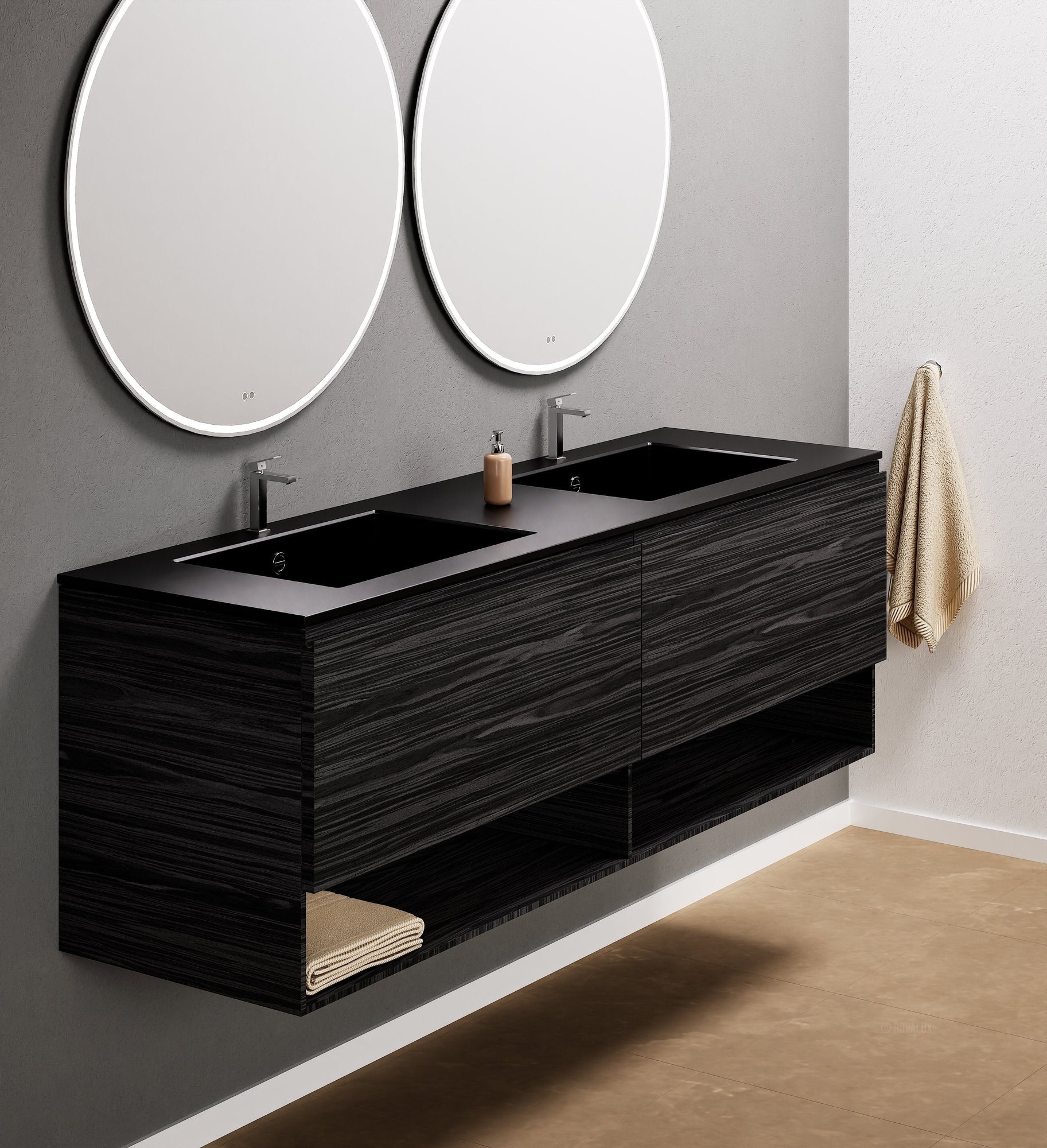 Aurora Double Set – Corian Sinks & Countertop with 2 Drawers Vanity & Bottom Shelves - ROVALUX