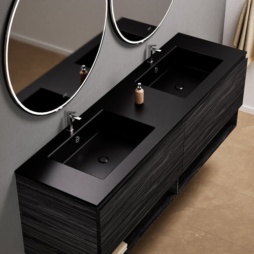 Aurora Double Set – Corian Sinks & Countertop with 2 Drawers Vanity & Bottom Shelves - ROVALUX
