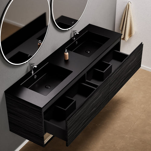 Aurora Double Set – Corian Sinks & Countertop with 2 Drawers Vanity & Bottom Shelves - ROVALUX