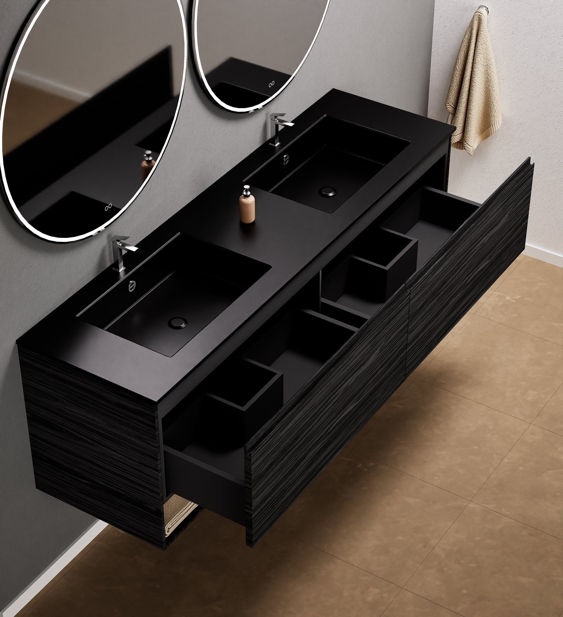 Aurora Double Set – Corian Sinks & Countertop with 2 Drawers Vanity & Bottom Shelves - ROVALUX