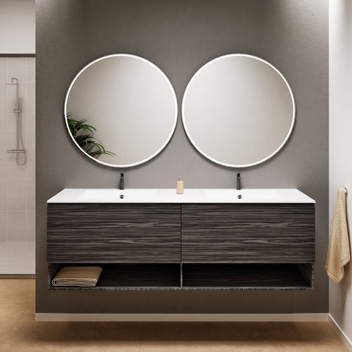 Aurora Double Set – Corian Sinks & Countertop with 2 Drawers Vanity & Bottom Shelves - ROVALUX
